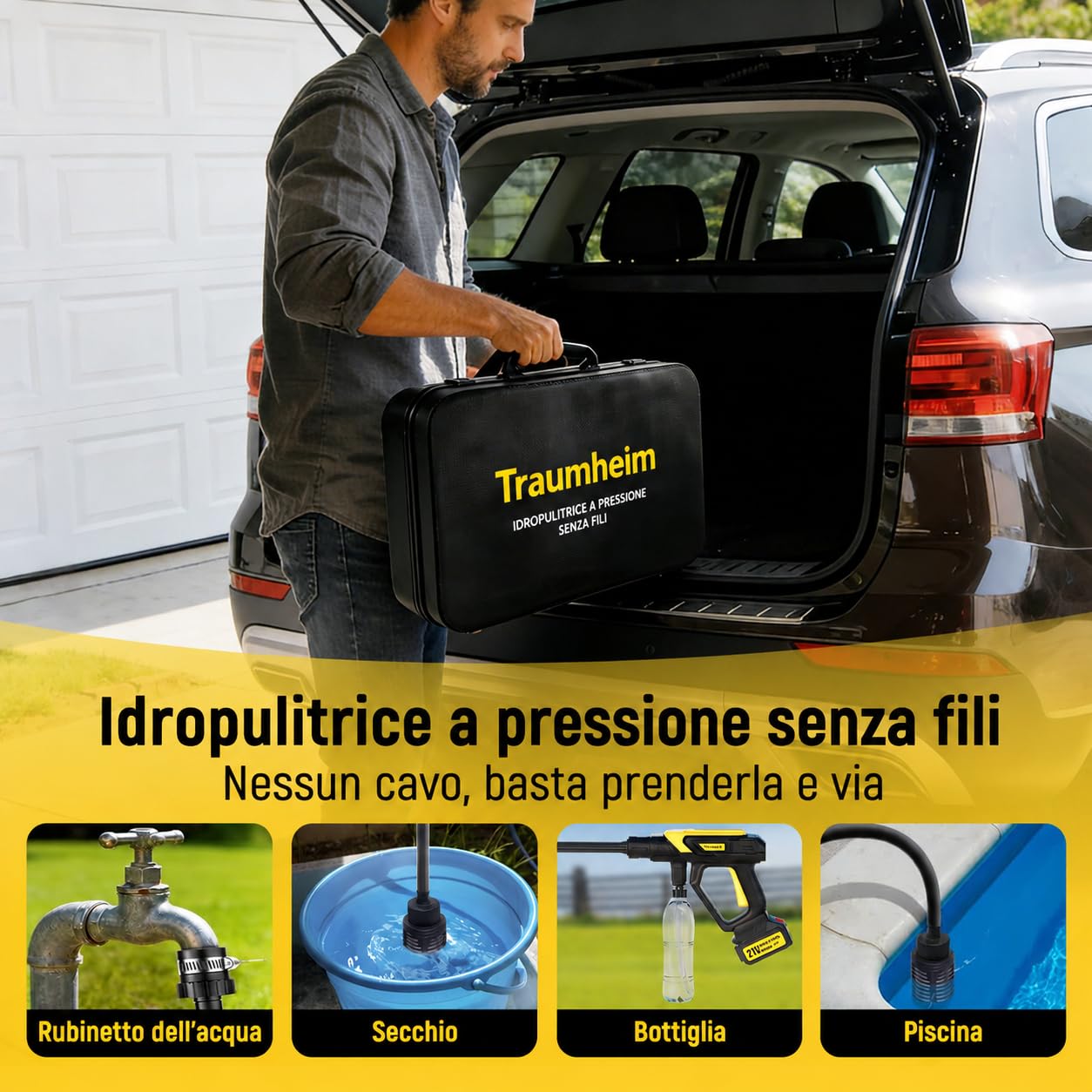 Idropulitrice senza fili, 17 pezzi, 8000 mAh, pressione massima 68 bar, con ugello 6 in 1 e ugello girevole a 180°, idropulitrice portatile per auto, biciclette, terrazze e giardini | Motore brushless, ugello rotante 180°/360°, ugello 6-in-1, attacco per