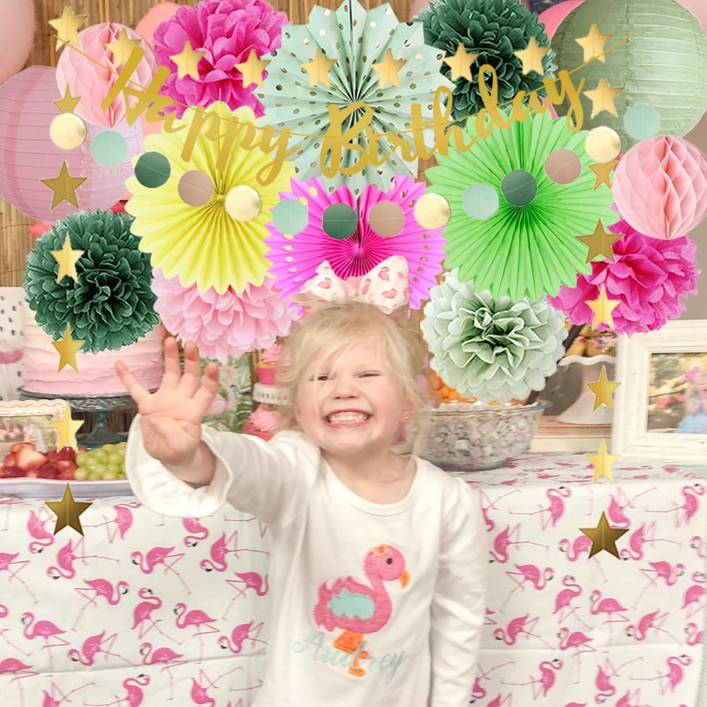 Hot Pink and Yellow Summer Birthday Decorations Kit Girl Sage Green Bright Pink Happy Birthday Decorations for Women Olive Sage Green Poms Fans Lanterns Honeycombs with Banner Gold