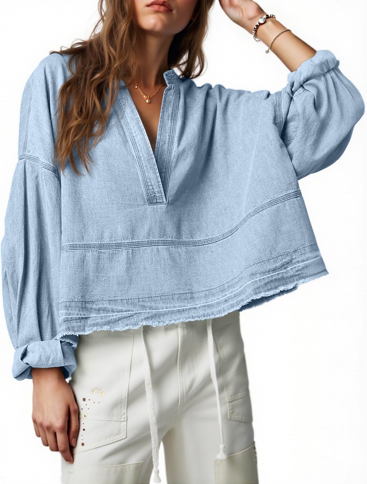 PLNOTME Womens Denim Tops Pullover Trendy Casual V Neck Loose Fit Puff Sleeve Jean Cotton Shirts