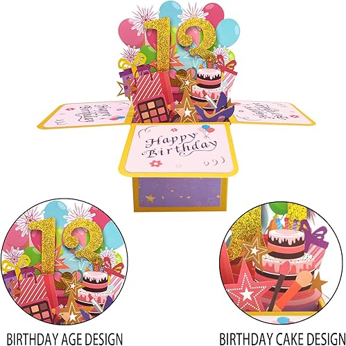 Miniatura 4 de Asmallgf Tarjeta desplegable de feliz cumpleaños número 13 para niña o niño, dulce idea de regalo de cumpleaños de 13 años para sobrina o hija,