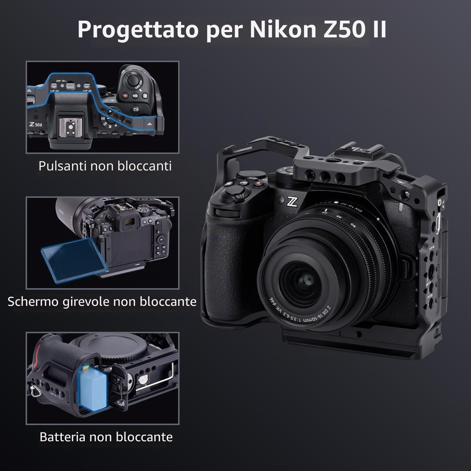 Nitze Gabbia Z50II per Nikon Z50 II, Cage in Lega di Alluminio con 2 Cold Shoes Incorporate, Guida NATO e Piastra a Sgancio Rapido per Arca-Swiss, Supporta Riprese Orizzontali e Verticali - T-N06A