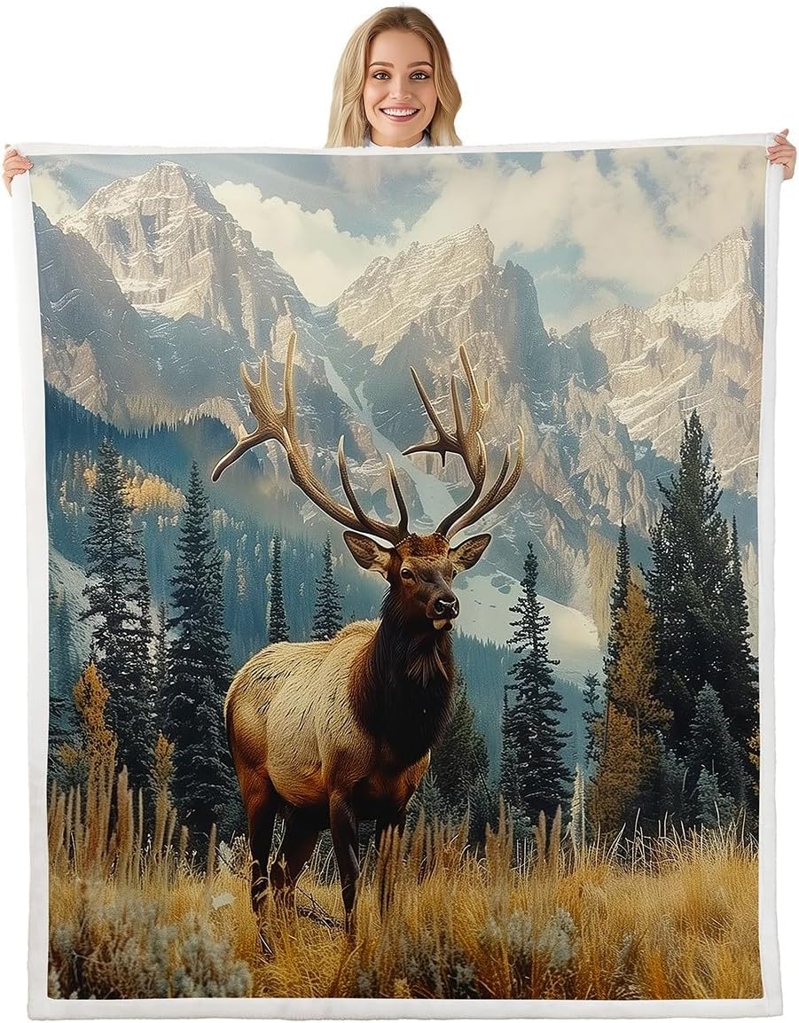 Feelyou Deer Sherpa Blanket Deer Antler Fleece Throw Blanket for Kids Boys Teens Rural Hunting Theme Plush Blanket Rustic Woodland Fuzzy Blanket for Sofa Bed Couch,Throw 50x60 Inches