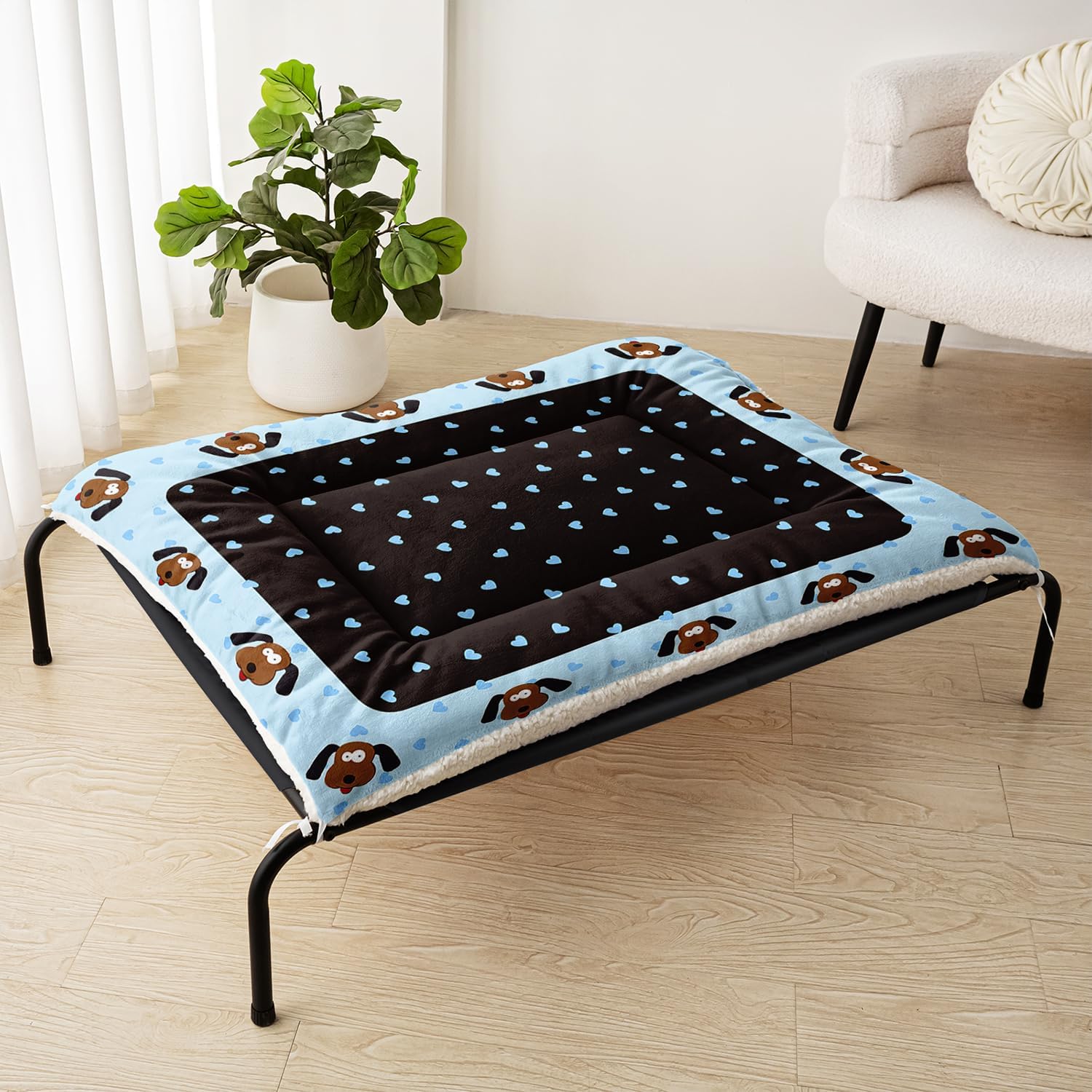 Blue Dog Face Dog Bed Mat - Pet Crate Pad for Small Medium Dogs & Cats - Durable Heart Design Kennel Liner - Washable Puppy Cushion w/Anti-Slip (L)