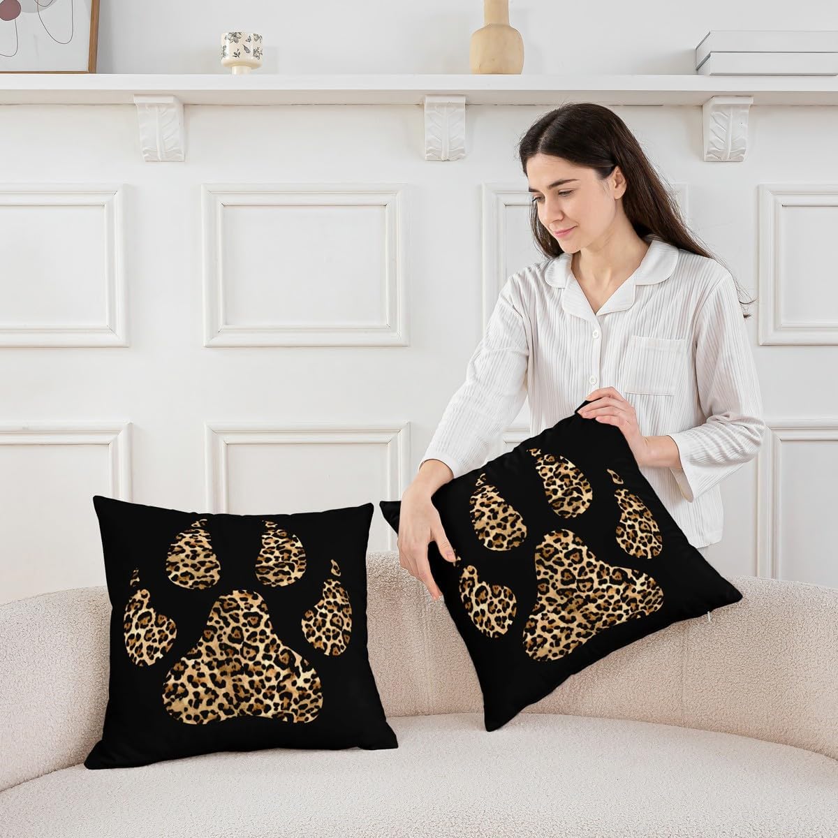 Manfei Brown Leopard Print Pillow Case Cover Soft Square 22"x 22",Bear Print Pillow Cover Reversible Print,Wildlife Footprint Wildlife Animal Decorative Throw Couch Sofa Pillow Cover,Pack of 2