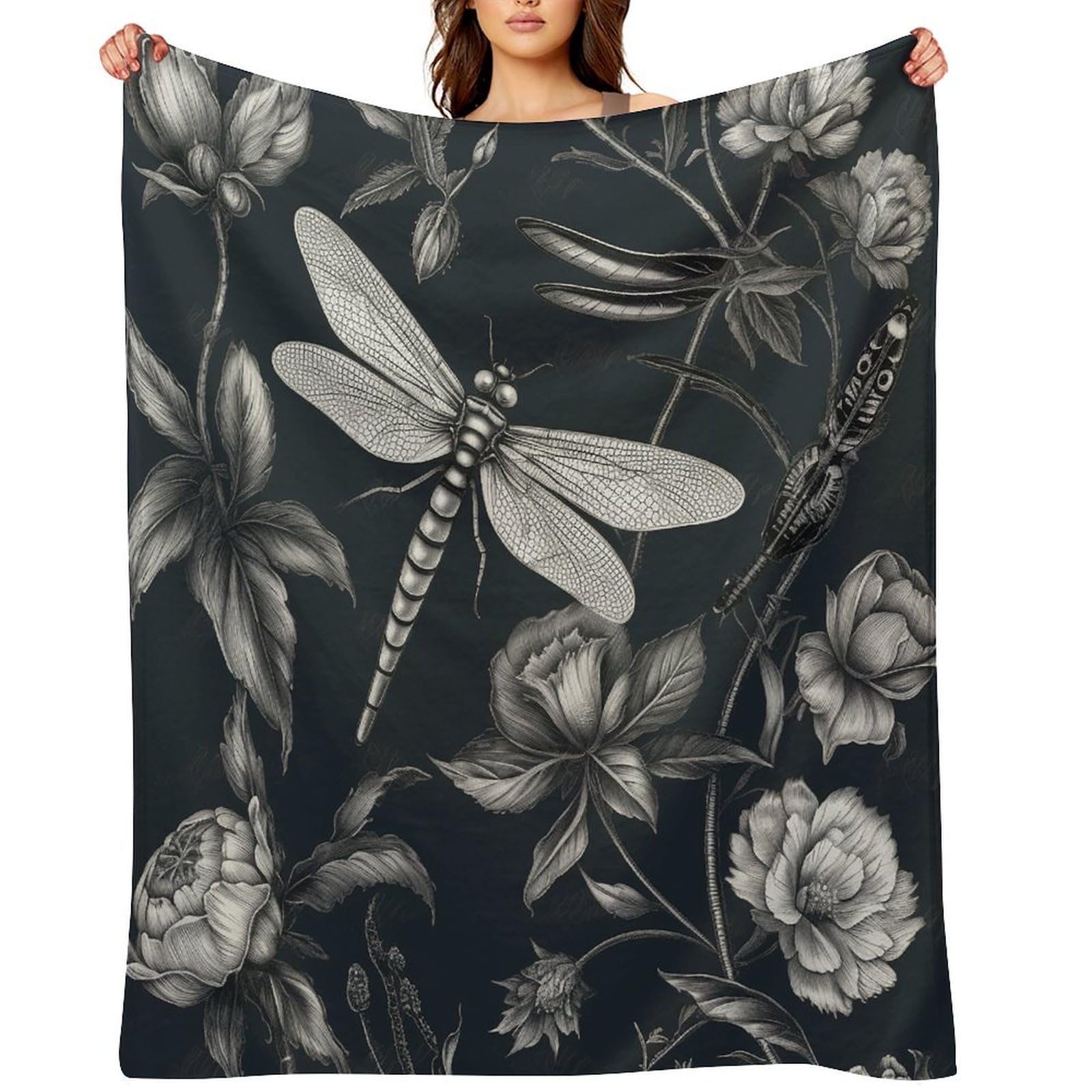Black Flowers and Dragonfly Throw Blanket for Couch and Bed Super Soft Warm Lightweight Throw Blankets Cozy Fuzzy Flannel Blanket Personalized Decorative Blankets for Sofa Decor 50"x60"