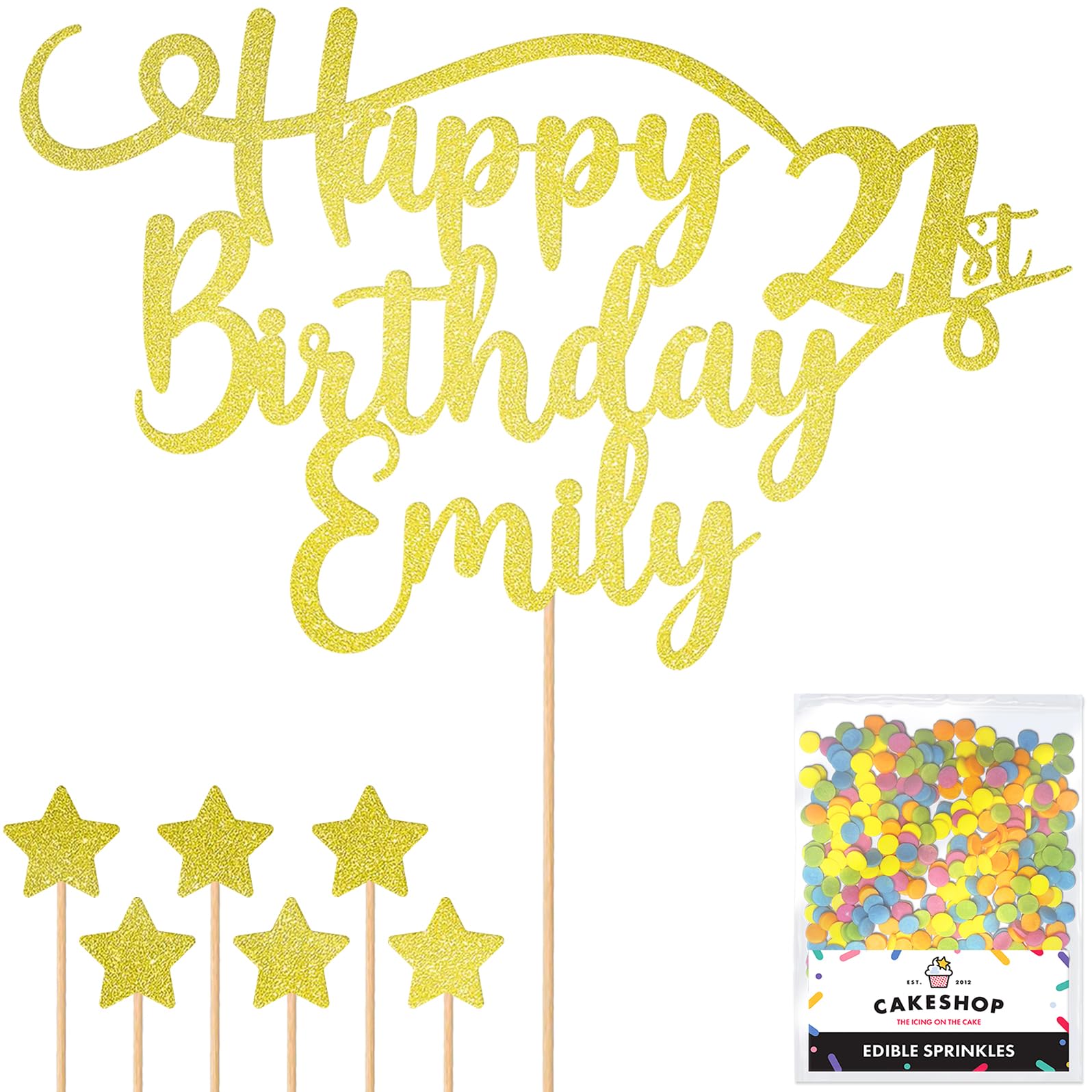 Personalised Happy Birthday Glitter Cake Topper - Champagne Any Name & Any Age Glitter Cake Decoration and Sprinkles - Happy Birthday Decorations - Personalised Toppers for Cakes by Cakeshop — image 1
