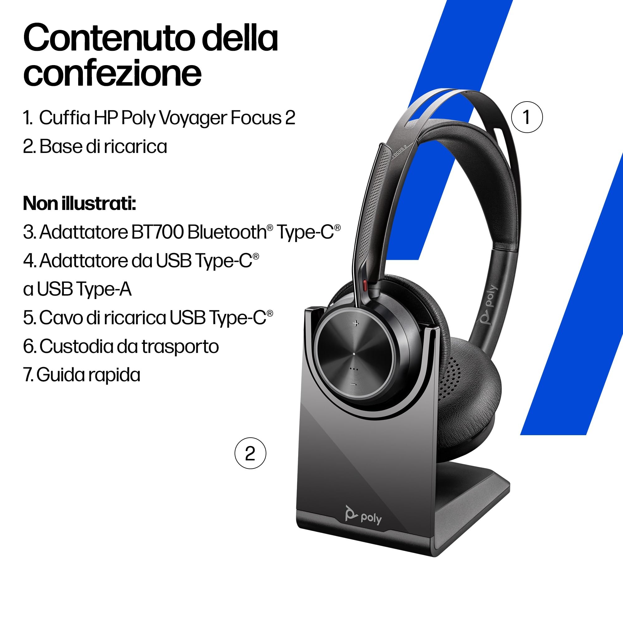 Poly Voyager Focus 2 USB-C-C Headset con adattatore USB-C/A e supporto di ricarica A58JDAA, cancellazione attiva del rumore e microfono con Acoustic Fence