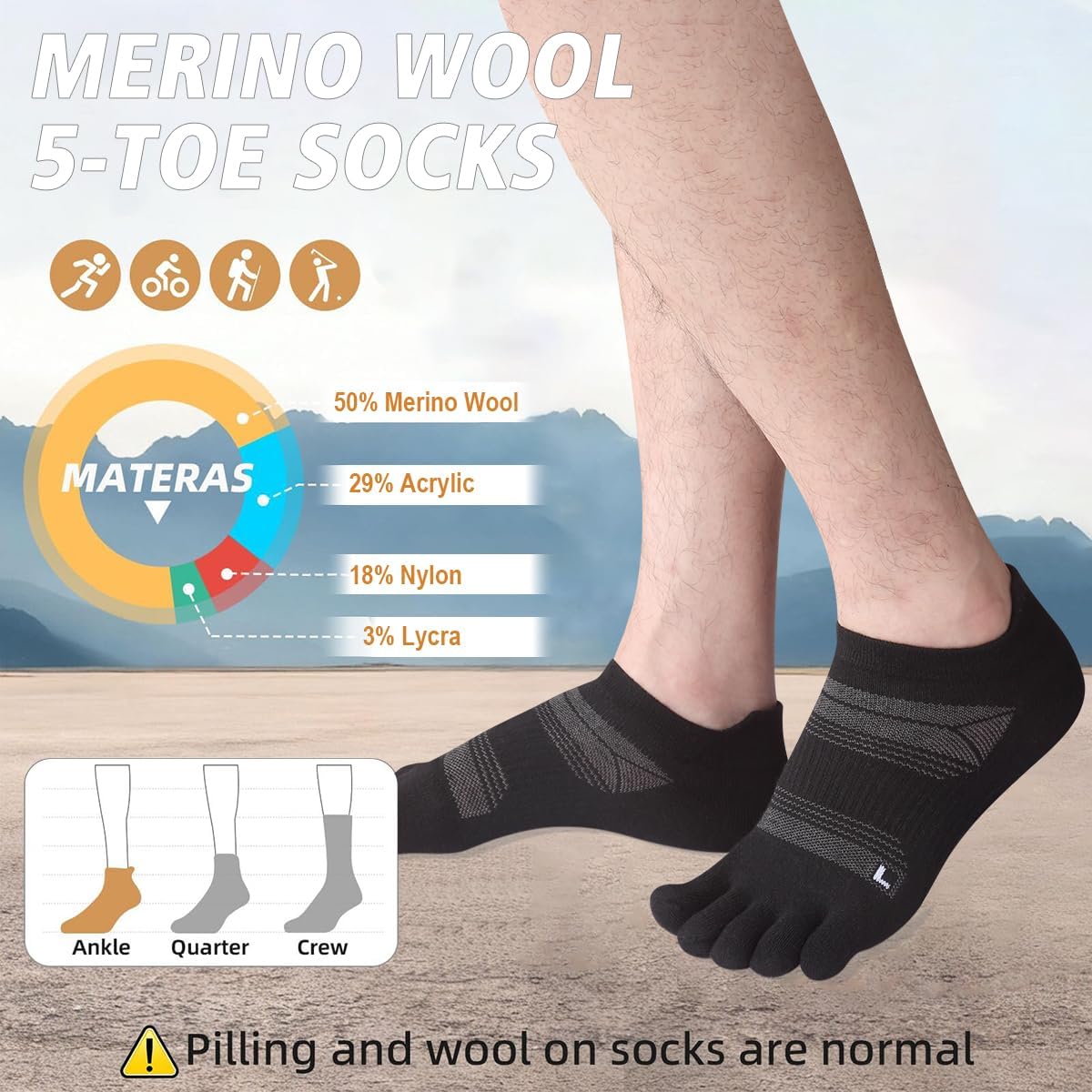 HABITER Merino Wool Toe Socks for Men & Women–50% Merino Wool,No Show,Lightweight,Arch Support Hiking Socks,Running,Long Walk