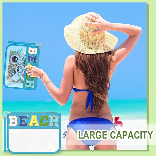 Miniatura 5 de Paquete de 4 bolsas de felpilla con letras de felpilla, bolsa con cremallera para aperitivos de playa para cosméticos, artículos de tocador de