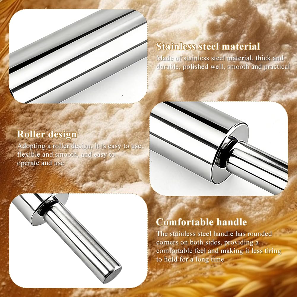 Mattarello in Acciaio Inossidabile, 43 cm con Superficie Antiaderente, Rullo per Pizza, Fondente, Torte e Altro, Igienico e Lavabile in Lavastoviglie
