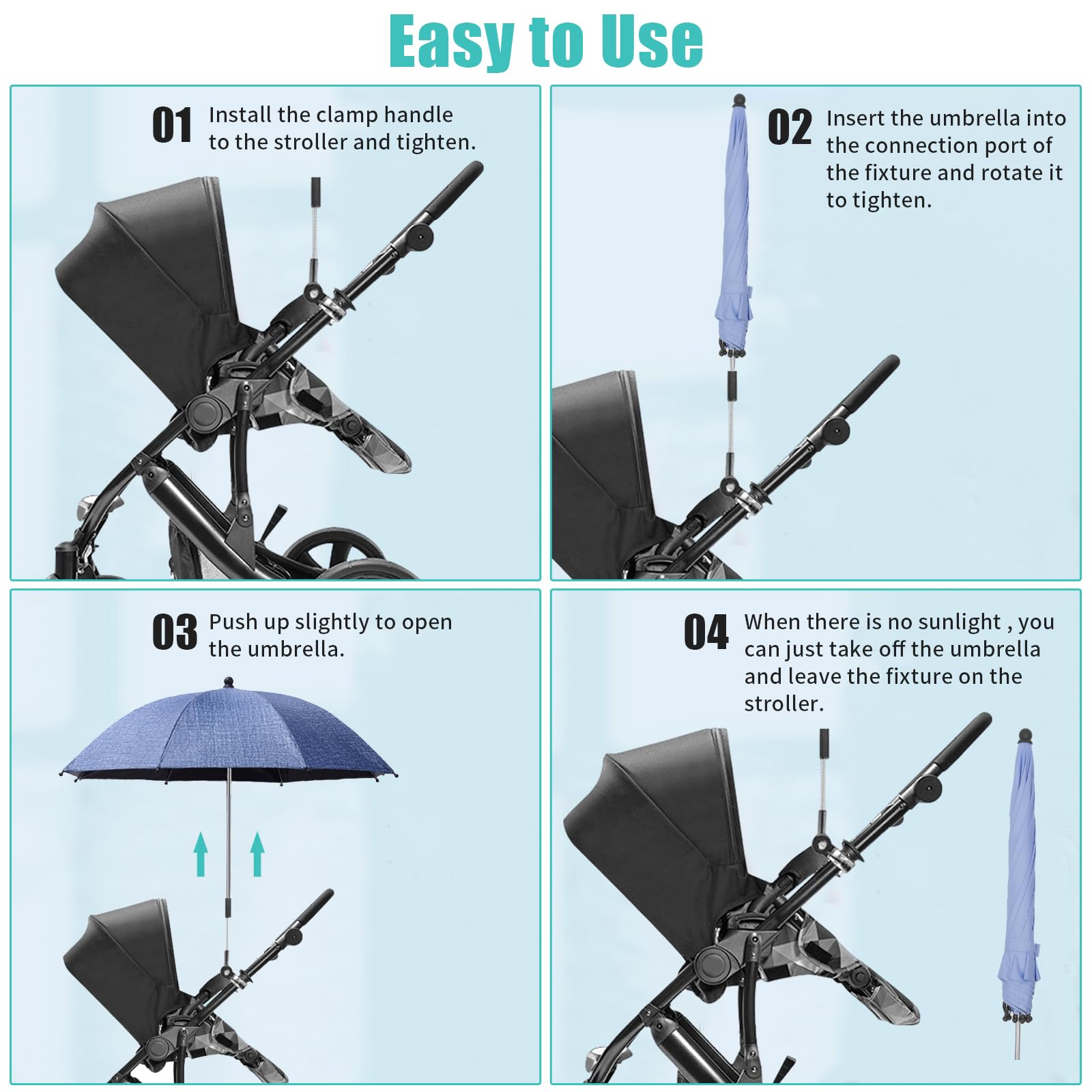 Parasol universel pour poussette et buggy, protection UV 50+/75 cm de diamètre, avec support en métal pour tubes ronds et ovales, réglable