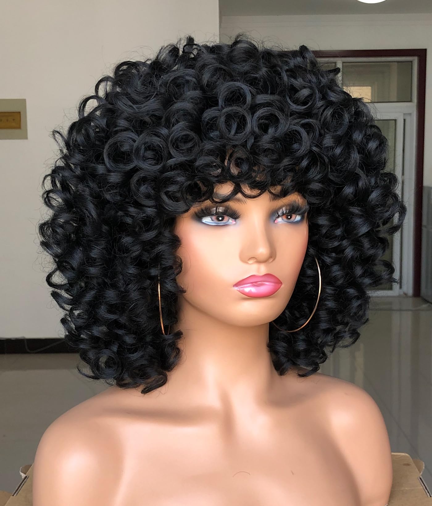 ISAMY 14 Inch Short Curly Wigs for Black Women Afro Kinky Curly Wigs with Bangs Big Bouncy Loose Cute Curly Fluffy Wavy Synthetic Hair (Black) - Image 3
