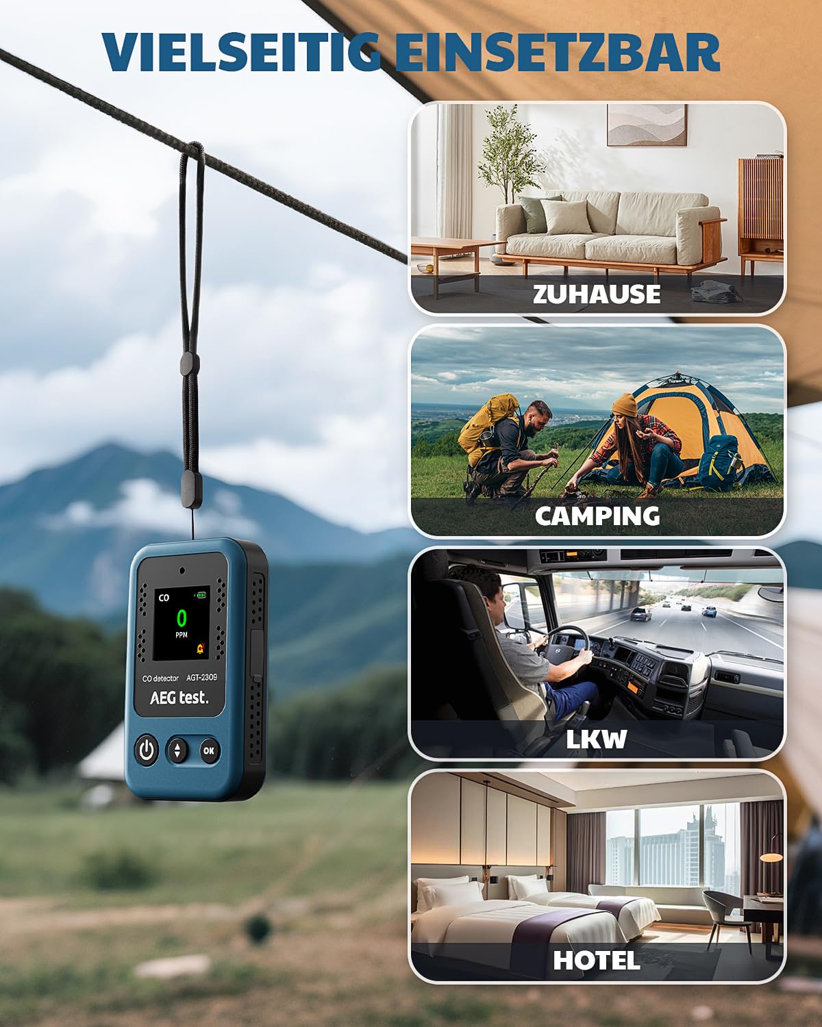 AGT-2309 Kohlenmonoxidmelder, 15 Tage Standby, Wiederaufladbarer Mini-CO-Monitor mit Umhängeband für Reisen & Camping, Handliches CO-Messgerät mit akustischen & visuellen, 0–1000 ppm – Blau