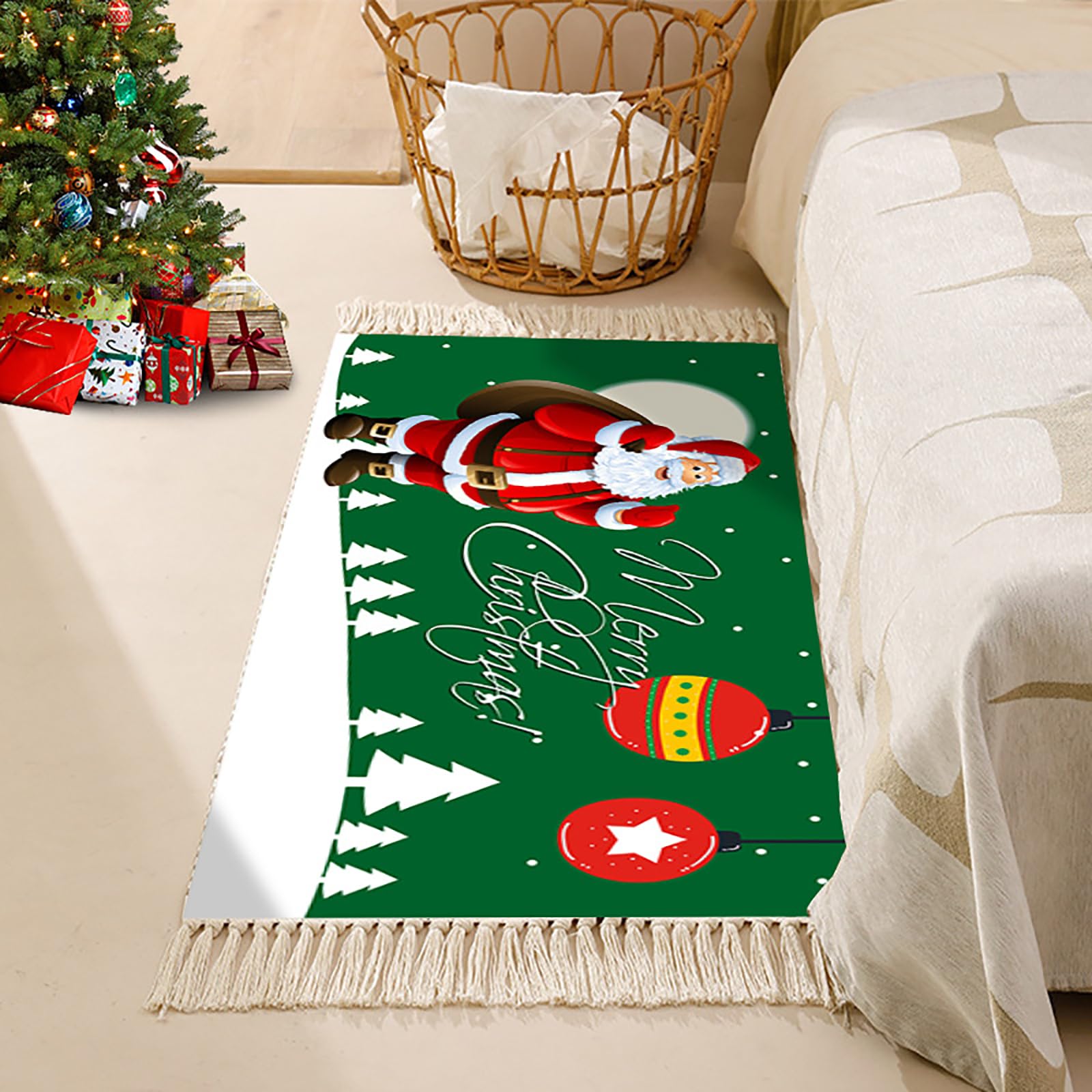 Tapis de Noël vert forêt en coton tricoté main avec franges élégantes