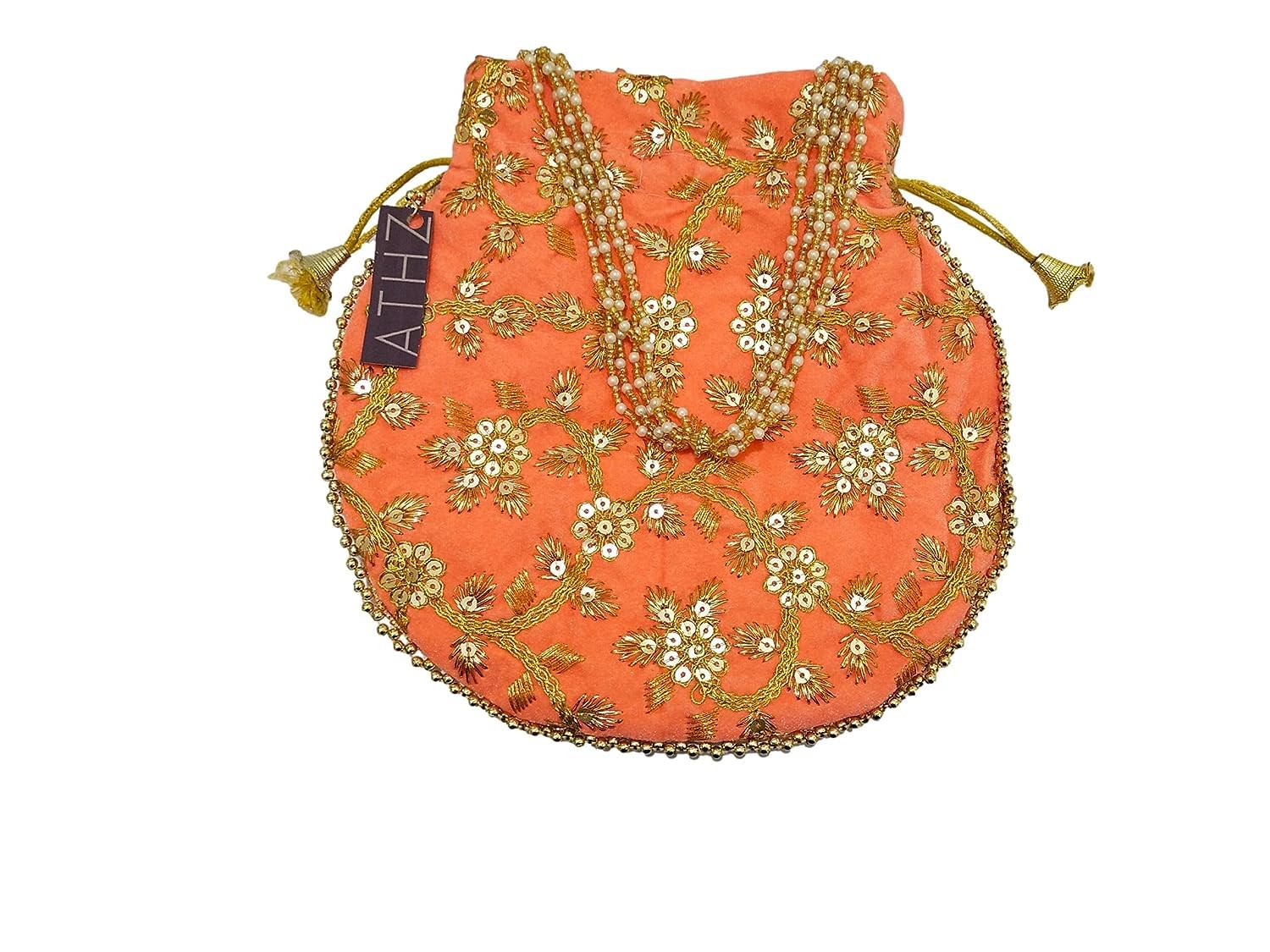ATHZ Potli Bag for Ladies Velvet Golden Work Multi-Color Wedding Potli Dark Orange Peach Red Pink 1