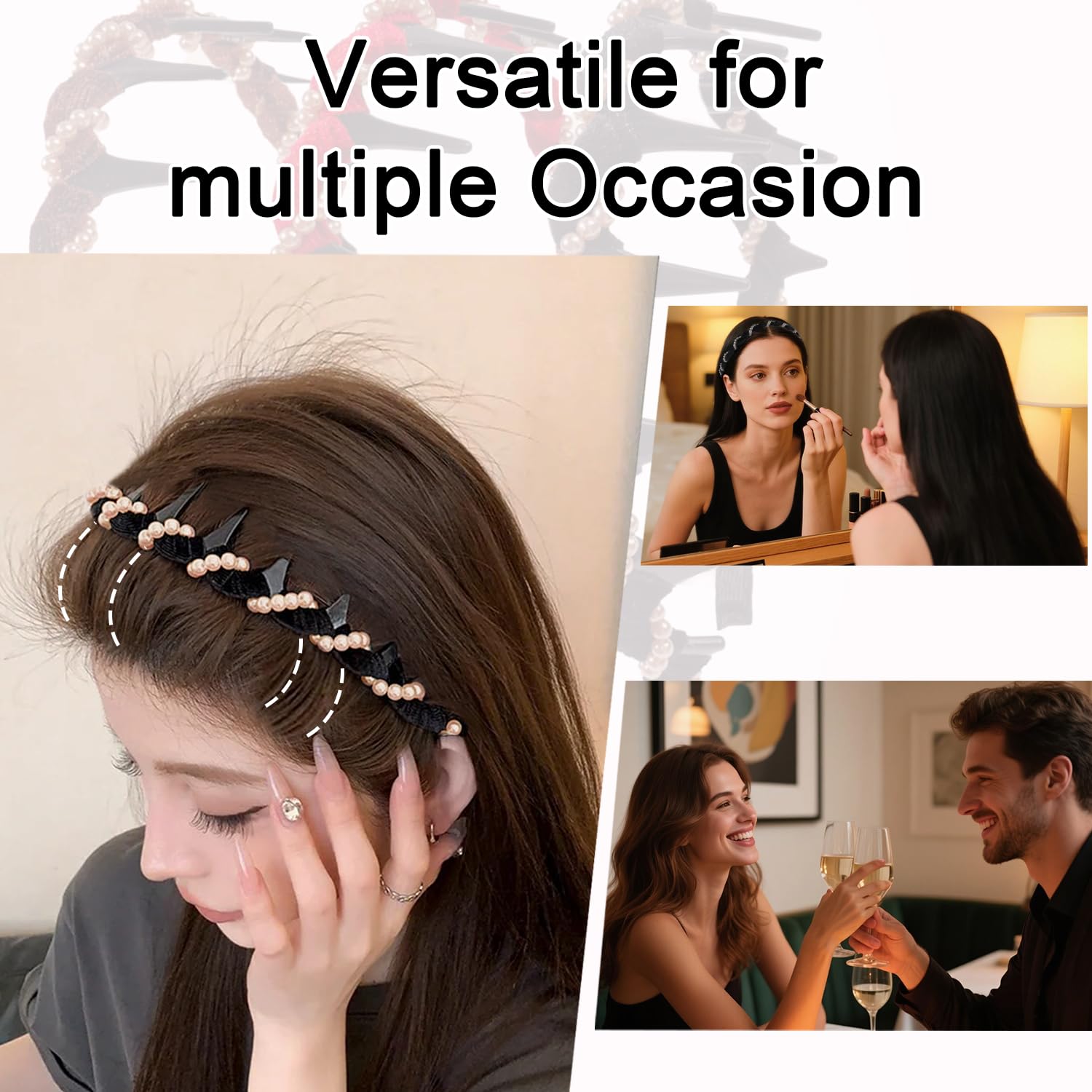 Ivyu 3 Pcs Vintage High Cranium Artificial Pearl Hairband with Teeth Grip - Elegant Non-Slip Knotted Pearl Headband Hoop for Women & Girls, Fashion Hair Accessories Gift