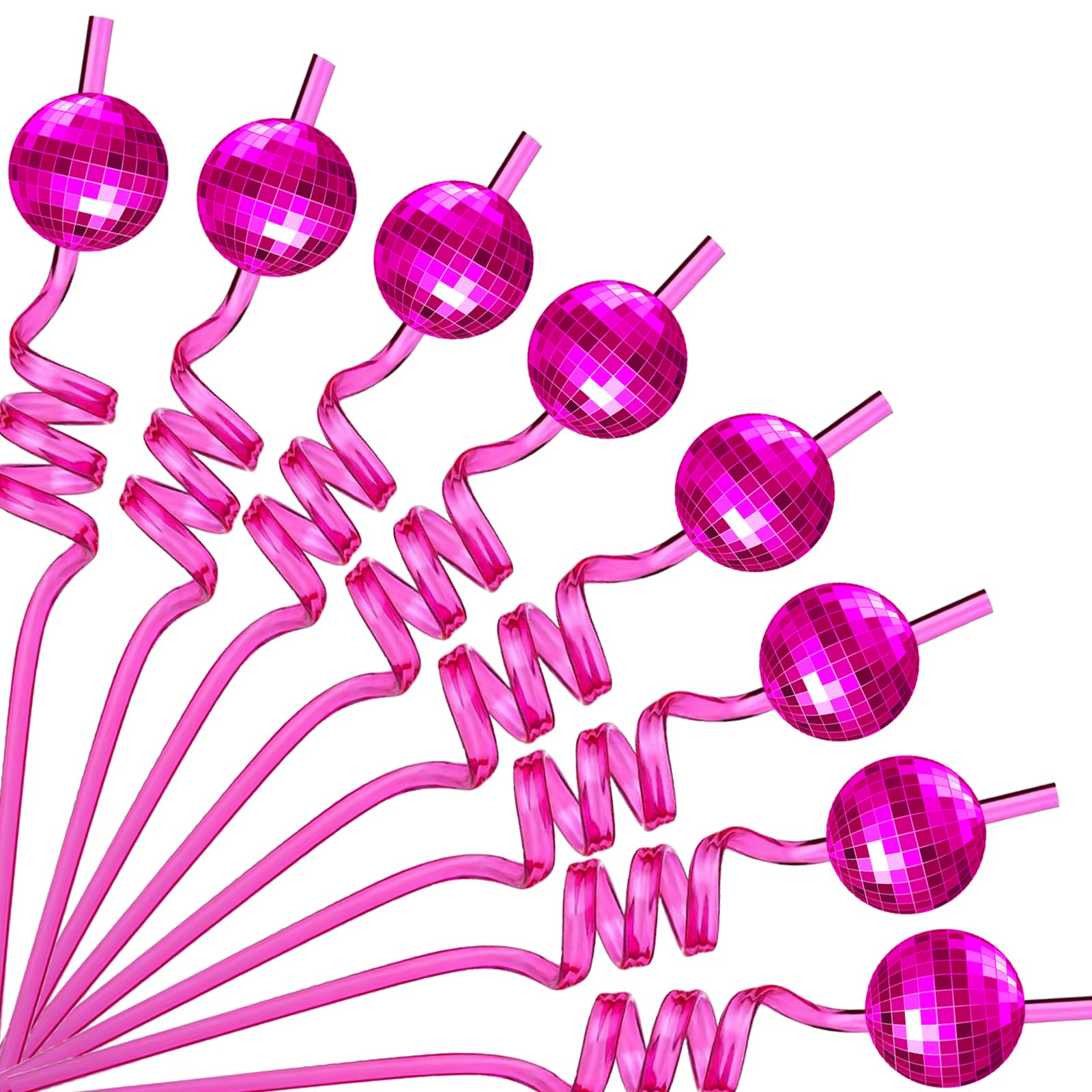 HBBWWTT Pink Disco Ball Reusable Swirly Straw 12 pcs, Disco Bachelorette Decorations,Groovy Birthday Party Supplies, 70s 80s, Best for Your Party (pink)