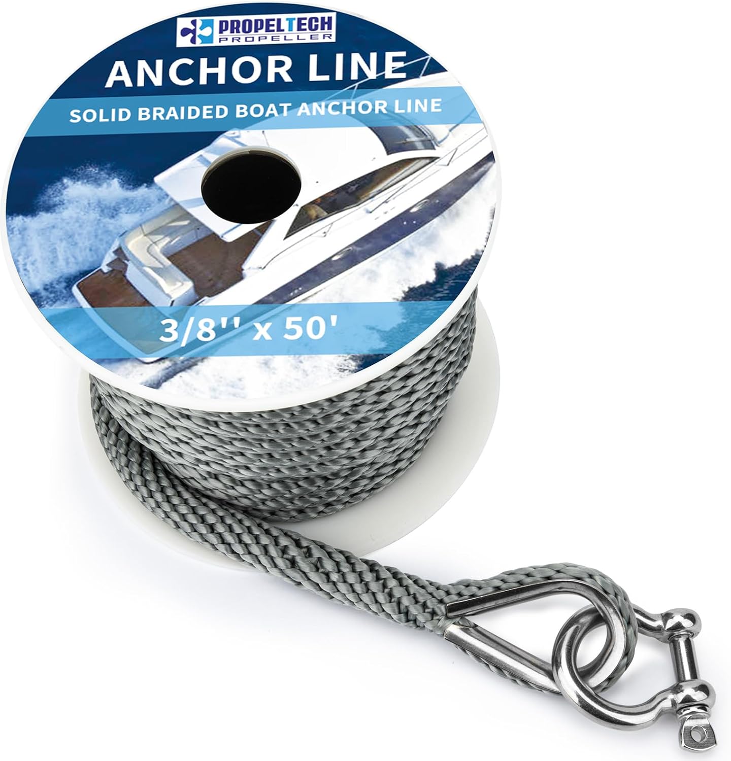 Boat Anchor Rope 3/8 inch 50ft Premium Solid Braid Nylon MFP Boat Rope with Stainless Steel Thimble & Shackle, Quality Marine Line, Grey,Boat Accessories