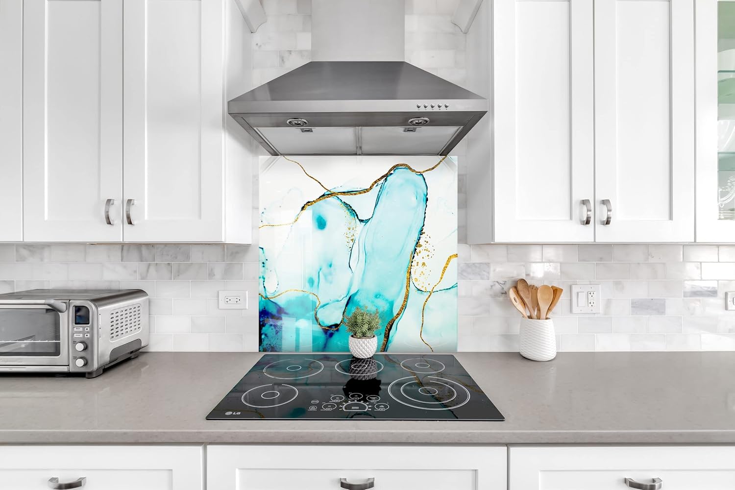 Myphotostation Alcohol Ink Tempered Glass Backsplash 12x12'' Blue Abstract Splashback for Kitchen Decor Bathroom Wall Protector Oven Backsplash Panel Tile Glass Cooker Splashback