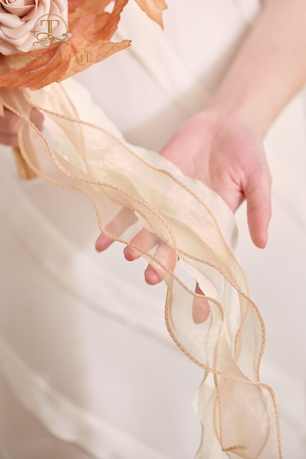 TINGE TIME 7inch Wedding Bouquets for Bridesmaid, Artificial Flowers Cascading Bridal Bouquet for Wedding (Burnt Orange & Champagne, Set of 4)