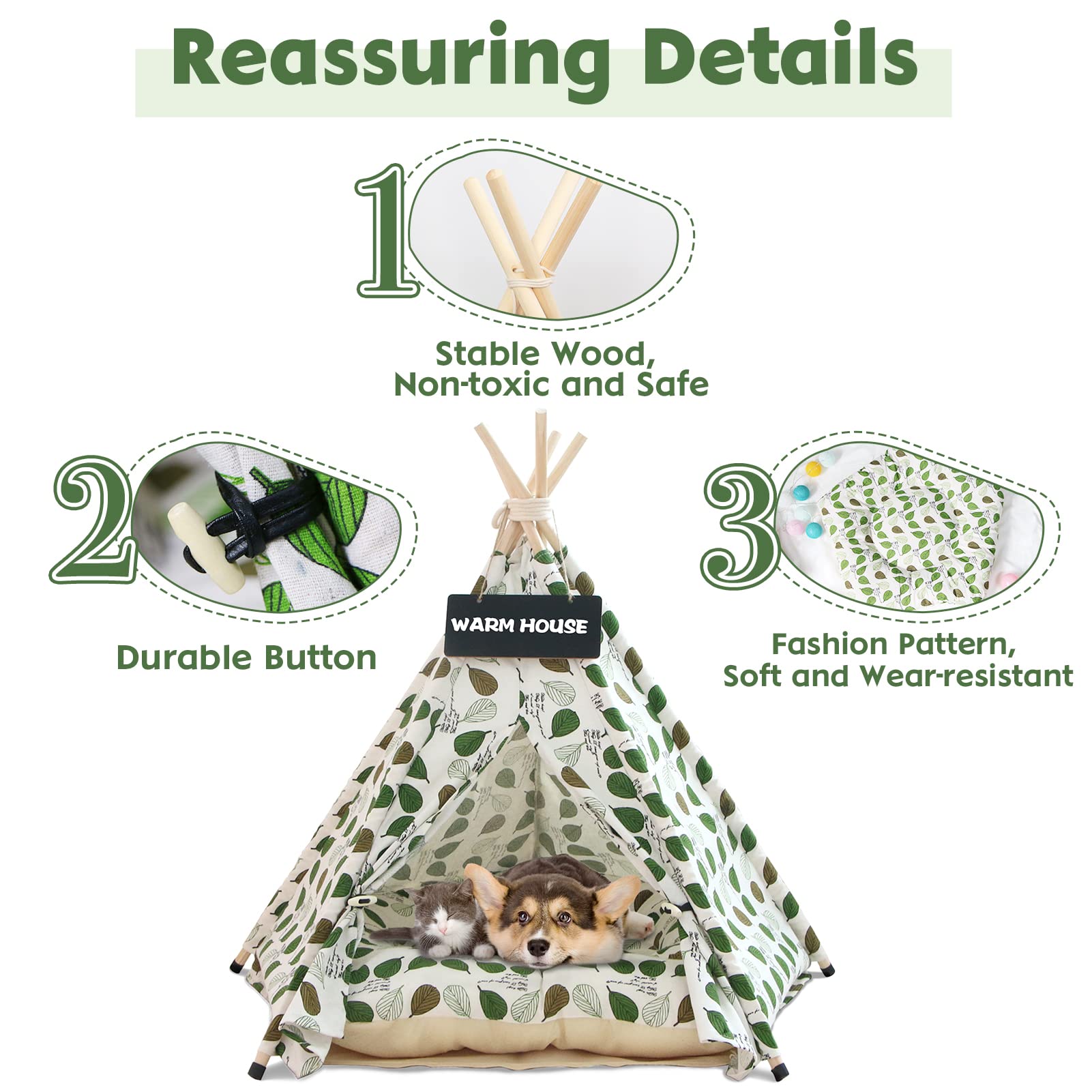 Tipi Cane Gatto di Comgagnia con Cuscino, Tenda Tipi di Lusso, Cuccia per Cane e Gatto Interno, Case per Gatto con Piccola Lavagna Nero (Green Leaf)