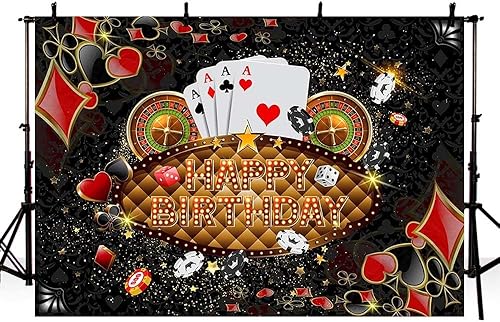 Miniatura 10 de Telón de fondo de feliz cumpleaños de 7 x 5 pies, decoración de fiesta de cumpleaños de Las Vegas, dados de Las Vegas, cartel de fiesta de