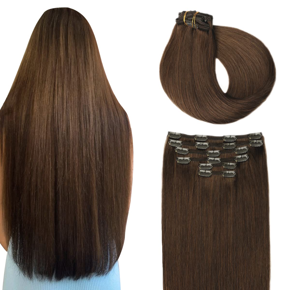 SURNEL Clip in Hair Extensions Chocolate Brown Human Hair Clip in Extensions 20 Inch 120g 6pcs(#4,20'')