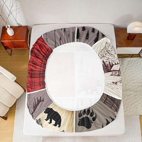 Miniatura 322 de Sábana bajera ajustable de oso de caza, juego de ropa de cama a cuadros de búfalo, sábanas de retazos de cabaña rústica para niños, niños, Multi