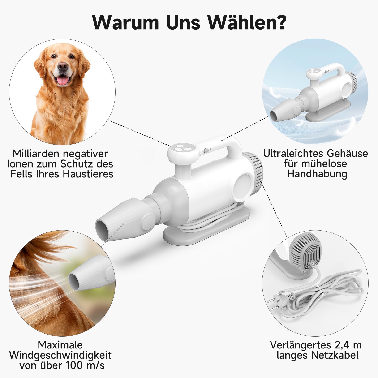 Hundeföhn 2200 W 100m/s mit Negativen Ionen