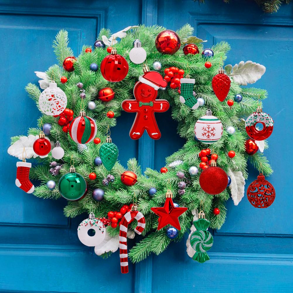 Juego de 125 adornos de Navidad, decoración de árbol de Navidad rojo y verde, bolas colgantes decorativas inastillables para fiestas de Navidad, decoración del hogar