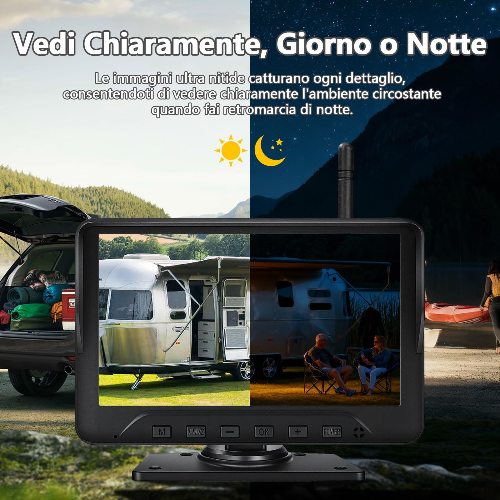 Telecamera Posteriore Senza Fili 7 Pollici 1080P Monitor con Impermeabile IP69, IR Visione Notturna, Grandangolare 170°, Telecamera di Retromarcia per Camper, Camion, Roulotte(VE-7C)