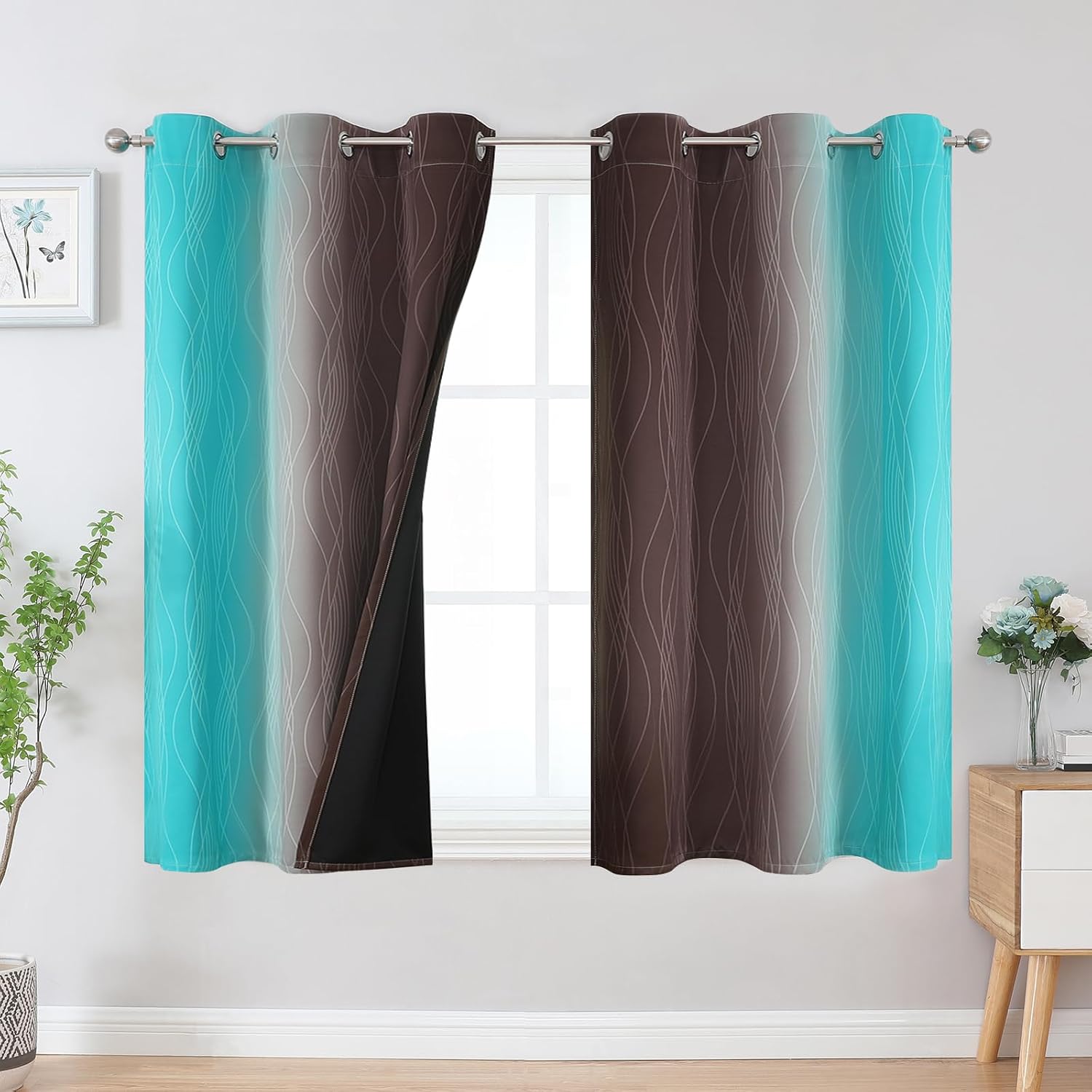 Estelar Textiler Brown and Teal Ombre Blackout Curtains 45 Inch Length 2 Panels, Full Room Darkening Gradient Drapes for Kitchen, Thermal Insulated Grommet Short Curtains for Bathroom, 42Wx45L thumbnail
