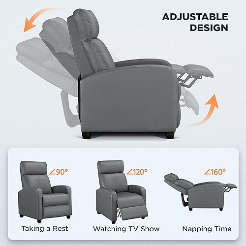 Miniatura 5 de Yaheetech Asiento de cine en casa, silla reclinable de piel sintética, moderna para sala de estar, sofá reclinable con bolsillo, color gris primavera