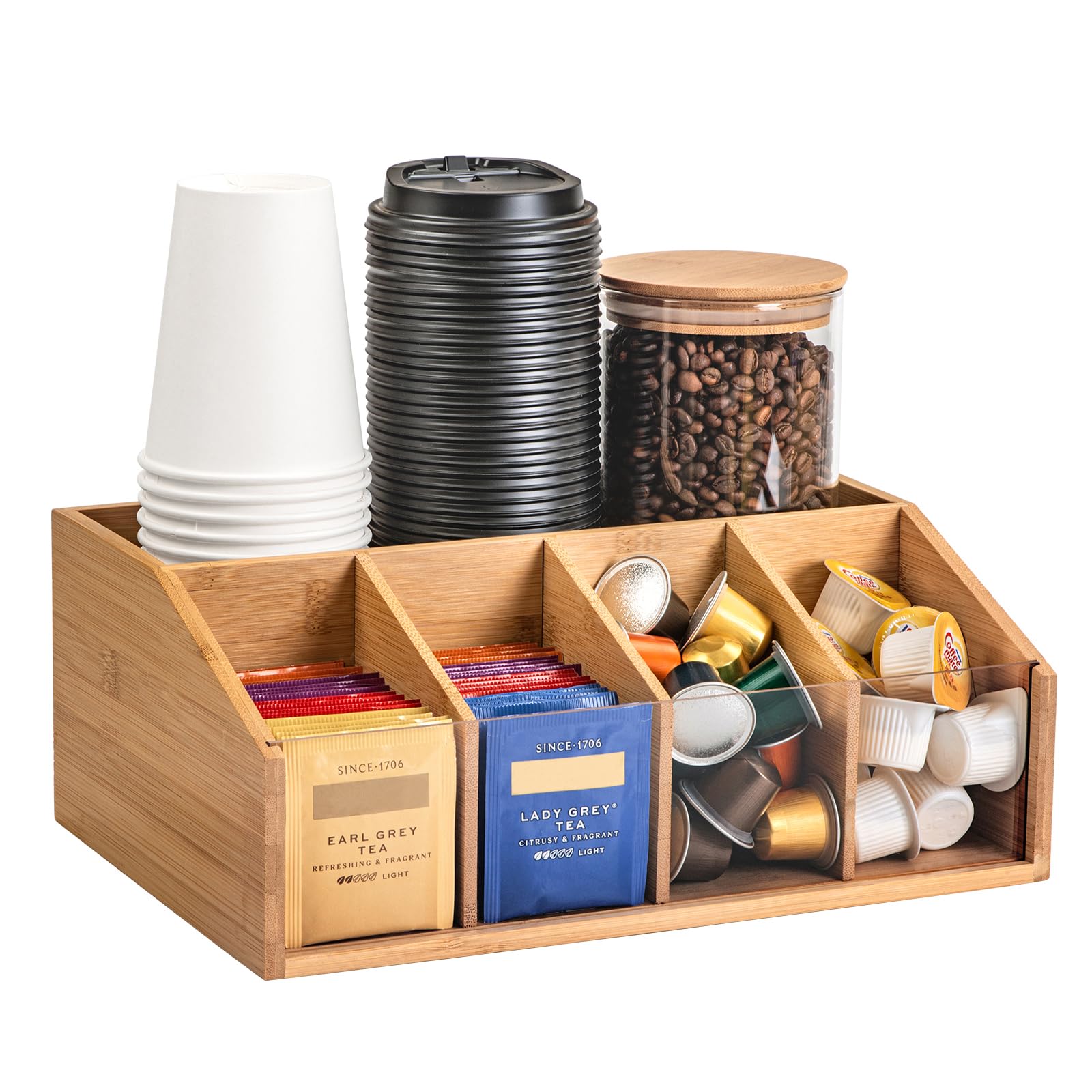 Bamboo Coffee Station Organizer for Countertop, Coffee Bar Accessories Organizer with 5 Compartments for Tea Condiment, Pods, Creamer, Syrup, Cups
