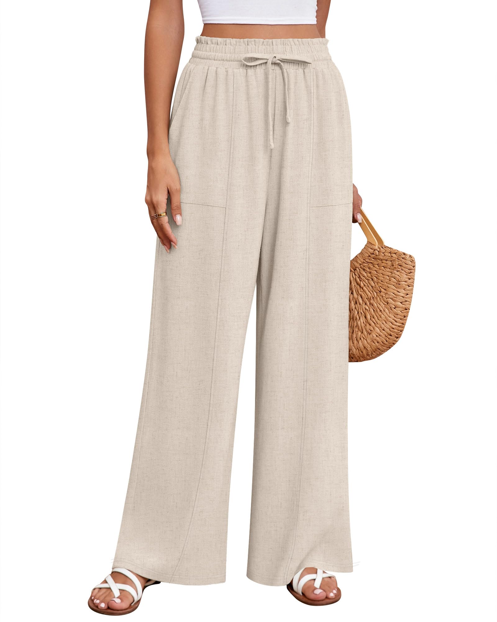 Huukeay Women's Linen Wide Leg Pants, High Waist Flowy Palazzo Pants with Pockets Drawstring Summer Casual Work Trousers