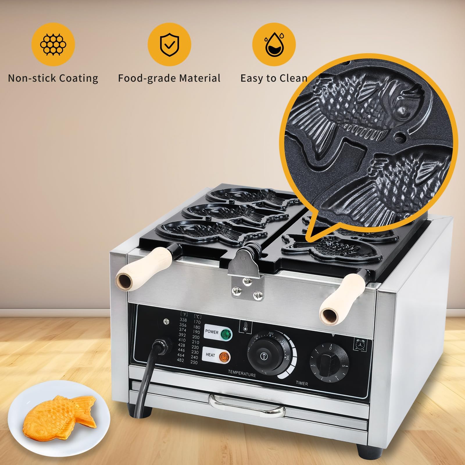 Elektryczna gofrownica do gofrów Taiyaki, 1400 W, 3 sztuki, japońska, z powłoką zapobiegającą przywieraniu, dwustronna, grzanie 180°, obrotowa gofrownica do restauracji i barów szybkiej obsługi