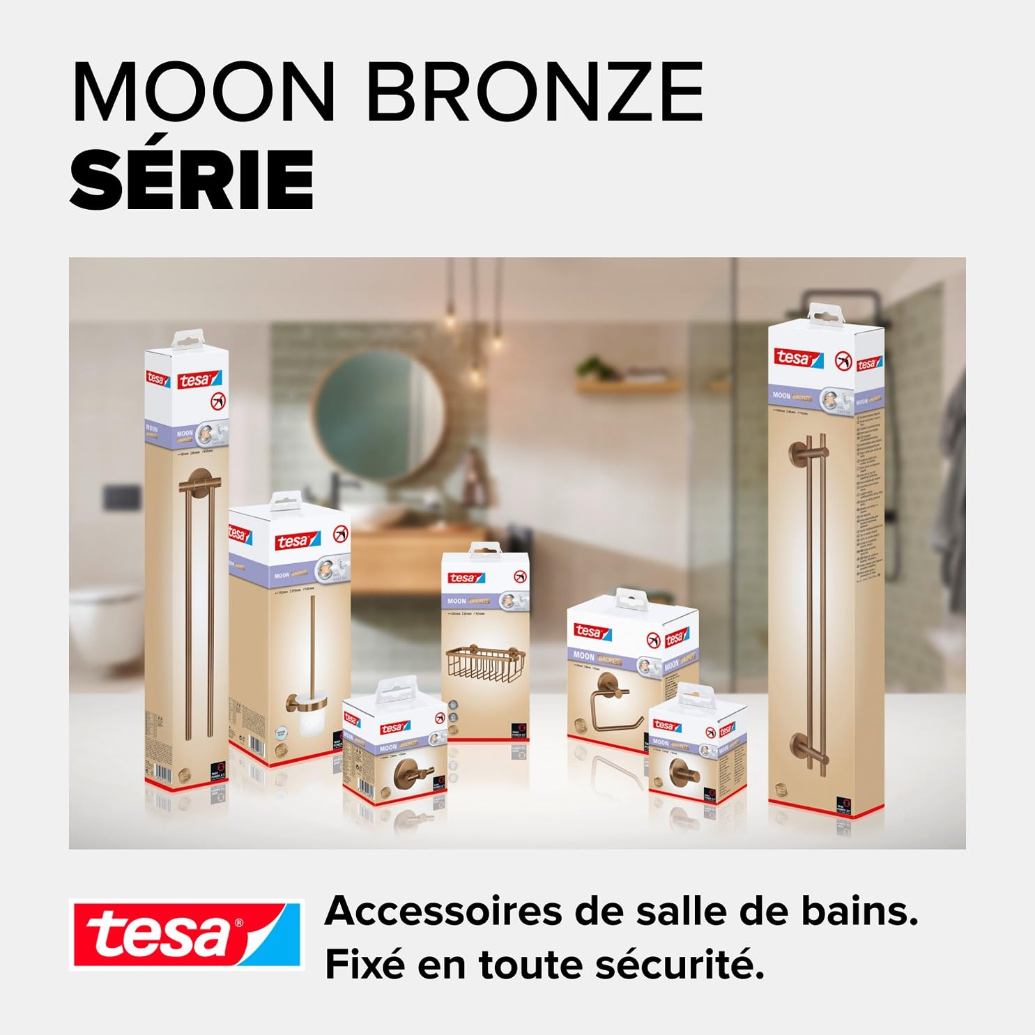 tesa Moon Double Porte Serviettes en Bronze Brossé - Porte Serviettes Autocollant à 2 Tiges en Métal, Revêtement PVD - sans Perçage avec Solution Adhésive - 112 mm x 640 mm x 50 mm