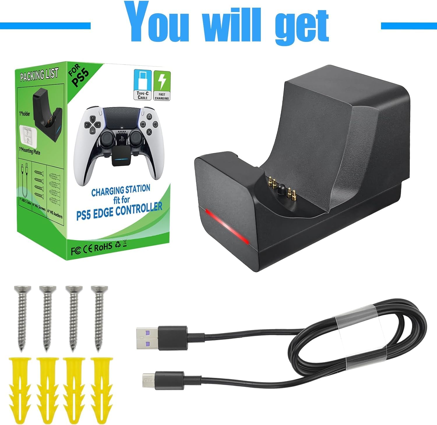 sciuU Ładowarka do kontrolera PS5 DualSense i PS5 Edge, stacja ładująca uchwyt ścienny ze wskaźnikiem RGB i kablem USB typu C 1 m