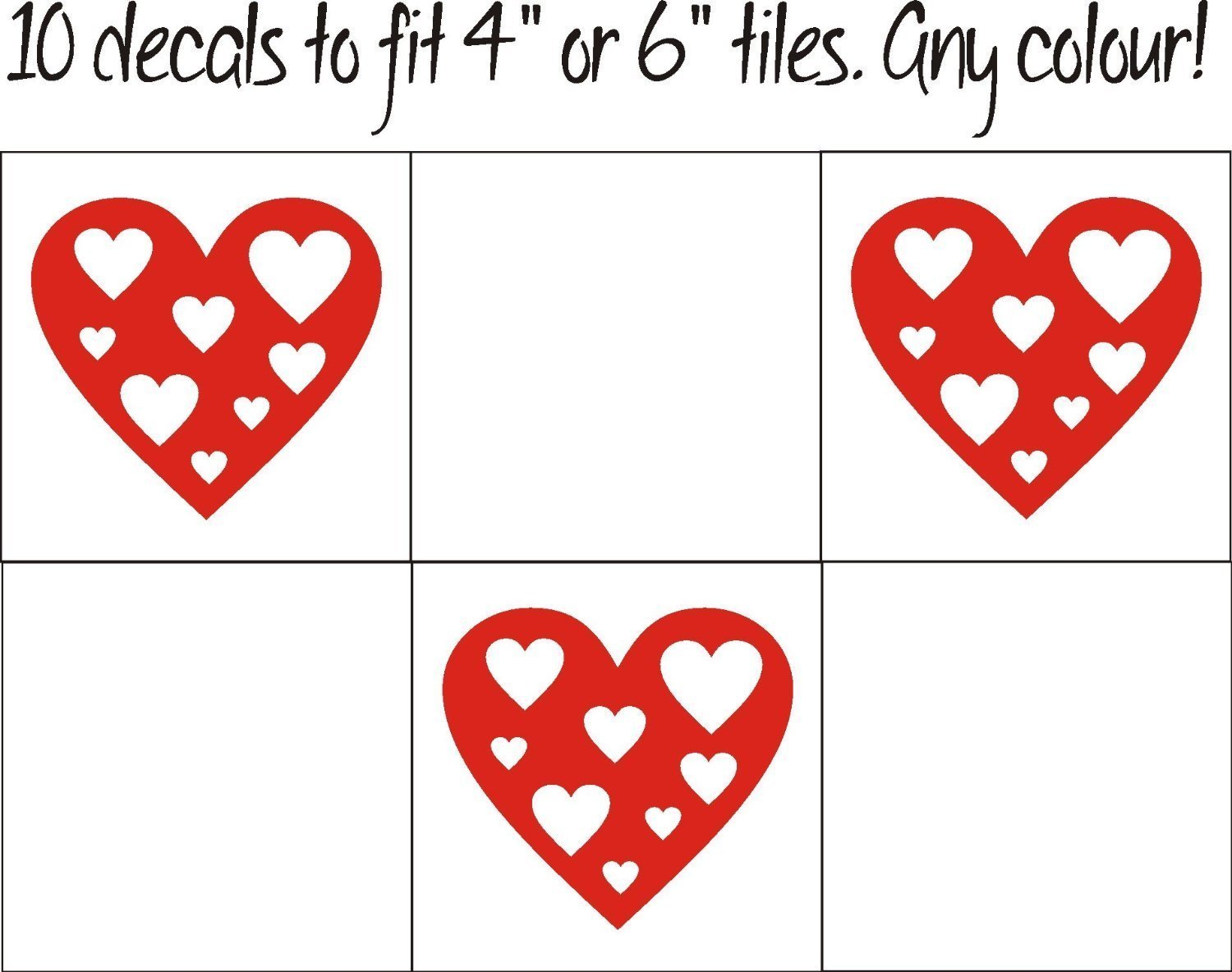 10 x Heart in Heart Tile transfer stickers kitchen bathroom shabby chic diy home (RED, 130mm)