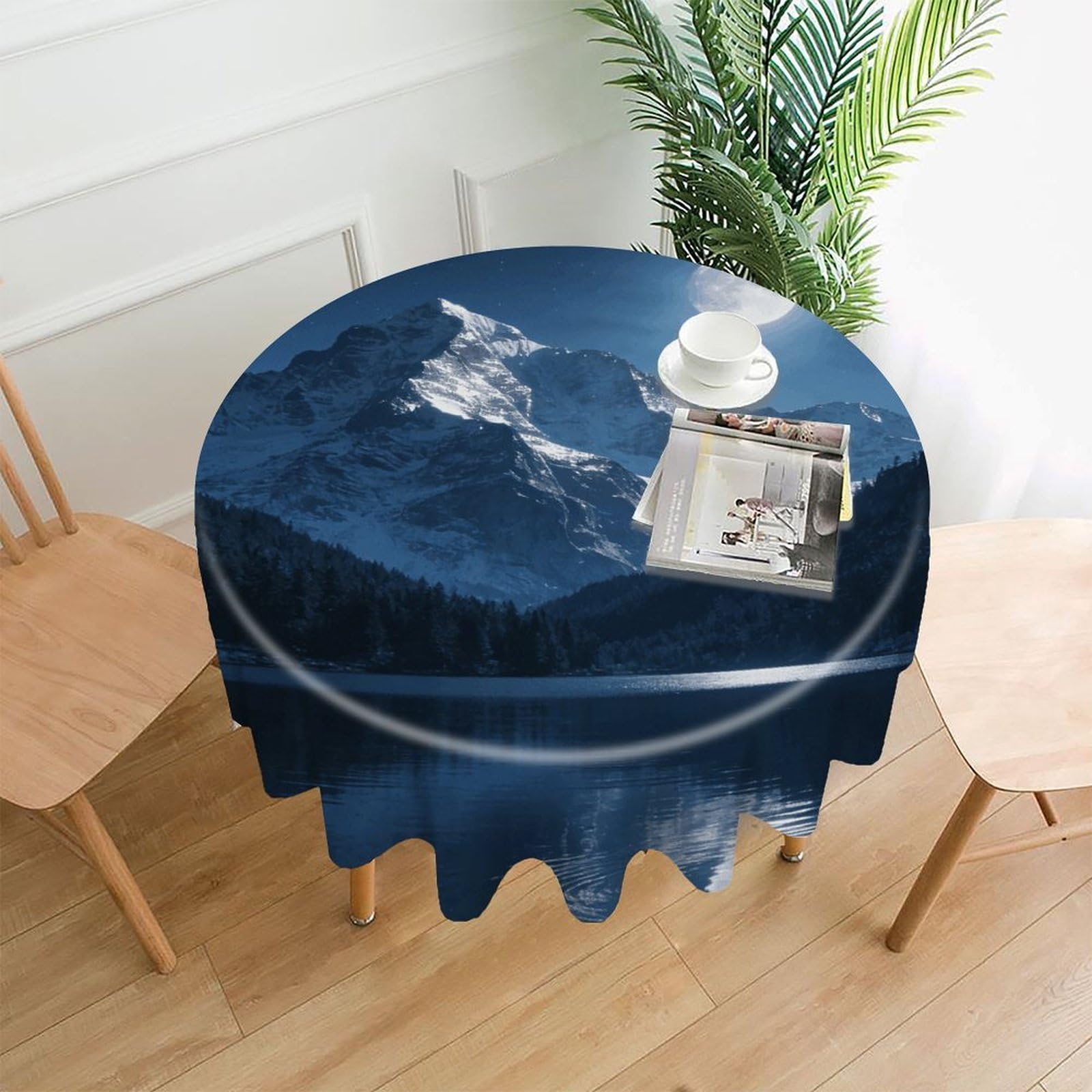 LZQPOEAS Mountain Moonlight Tablecloth Easy to Clean Polyester Round Table Cover Washable Round Table Cloth Wrinkle-Free Circle Decoration Tablecloth for Kitchen and Dining Room 60"