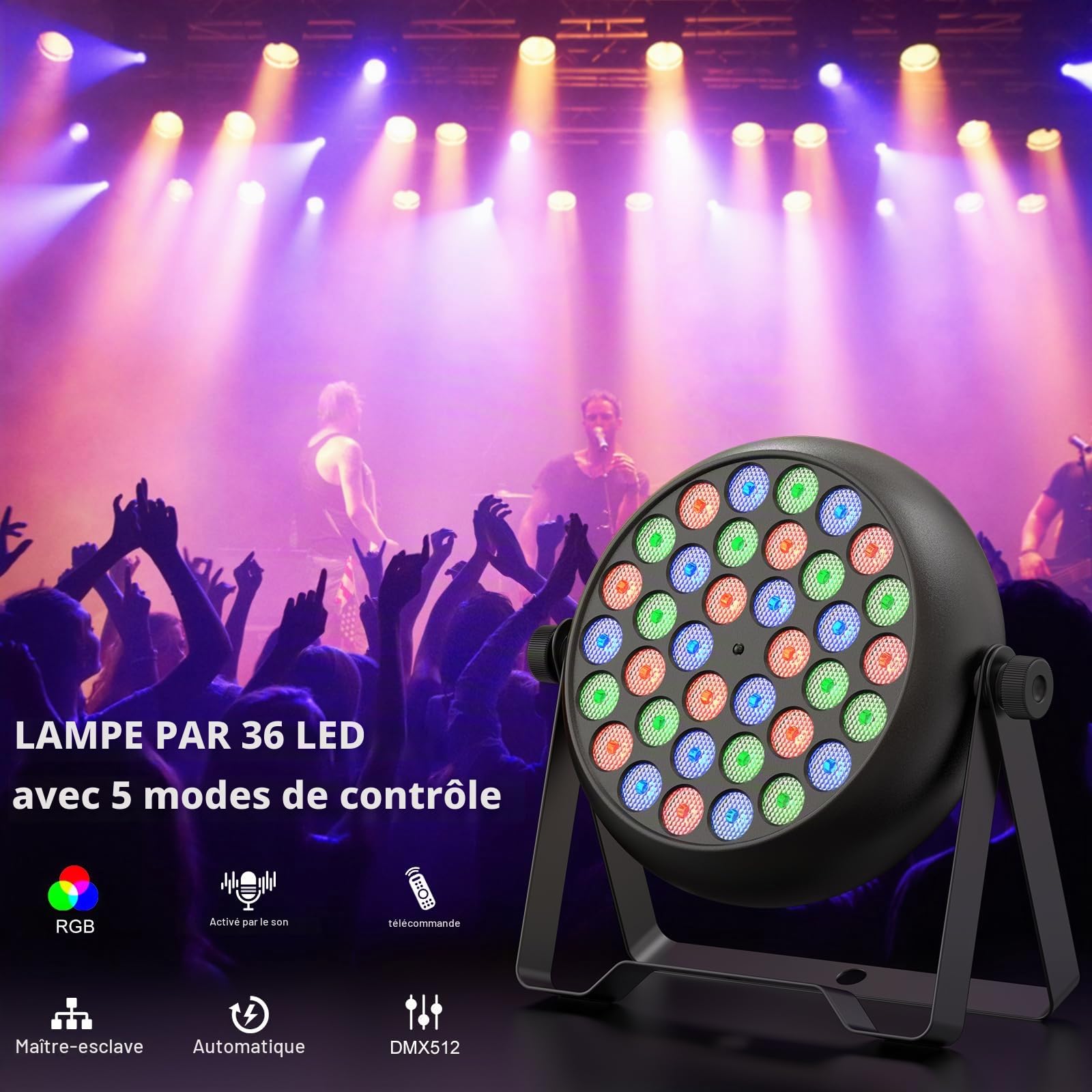 4 PCS RGB 36 LED Lumiere Par, 36W Lumiere de Scene avec Télécommande et 4 Modes de Contrôle, Par LED Eclairage Scene pour Noël Halloween Disco Show Concerts Party