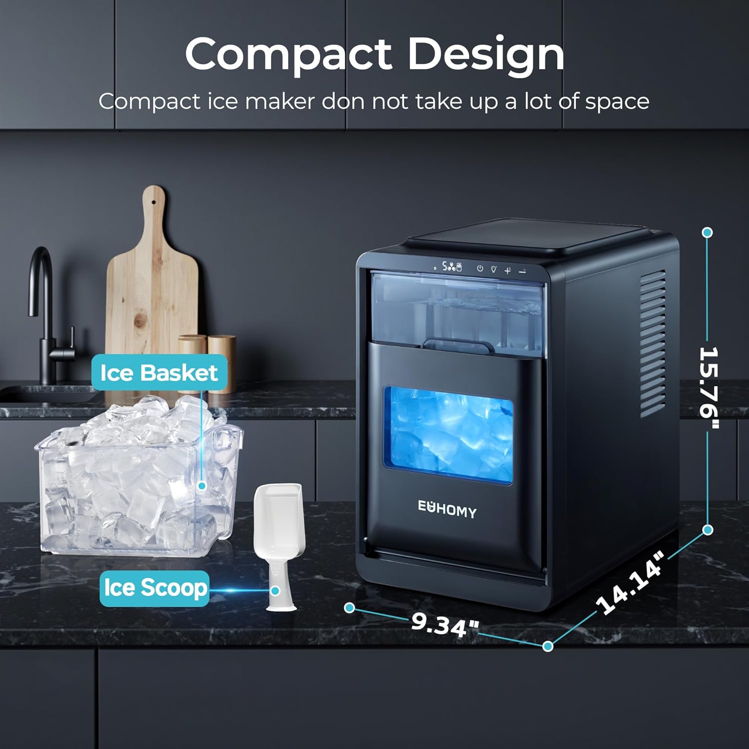EUHOMY Crescent Ice Maker HZB-10M on a kitchen counter with dimensions