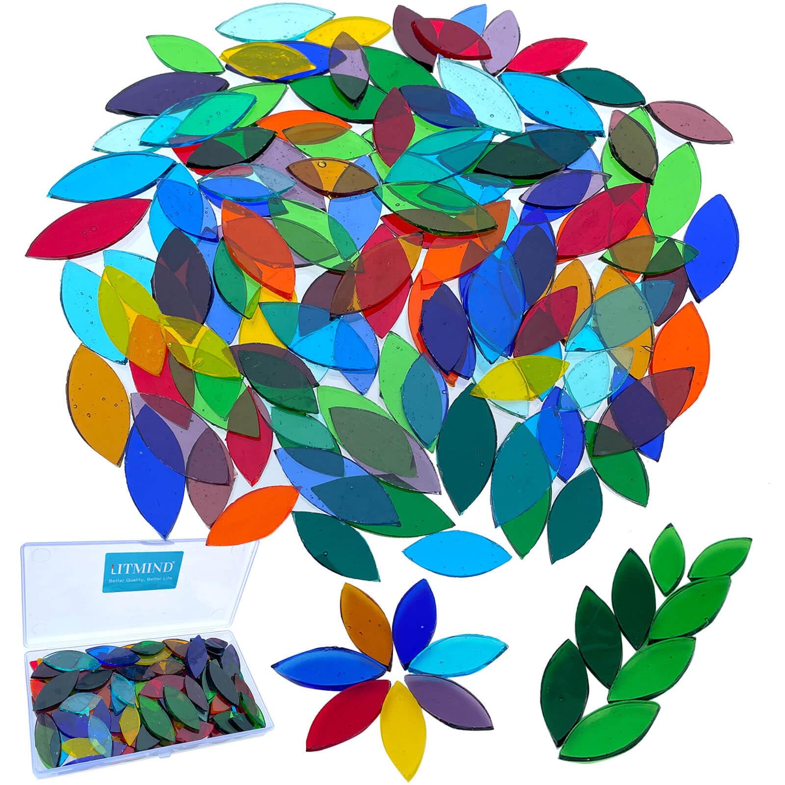 LITMIND120 Pieces Assorted Colors Transparent Mosaic Glass Petals, Hand-Cut Stained Glass Mosaic Tiles for Crafts - Ideal for Mosaic Art and Décor