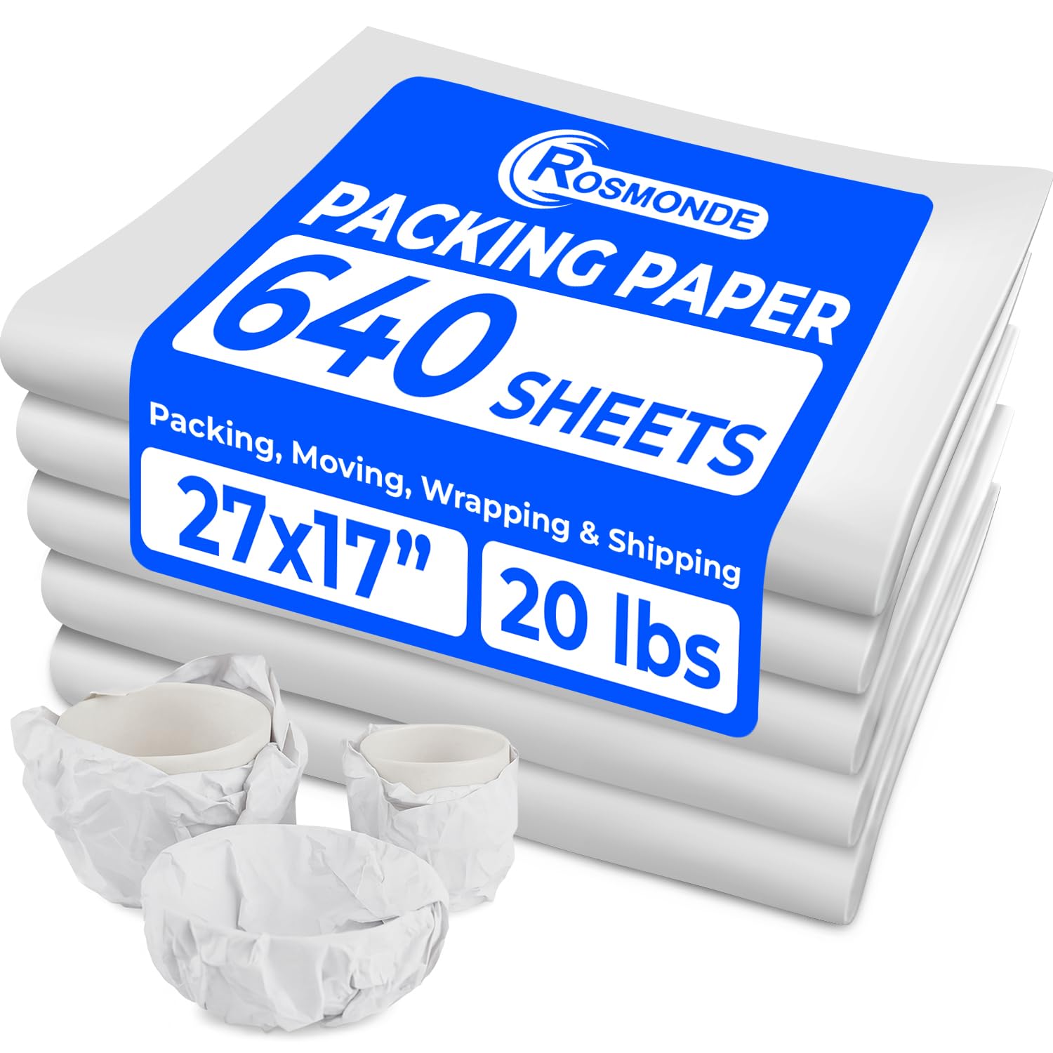 Rosmonde Packing Paper Sheets, 27" x 17", 20 lb | 640 Sheets, Newsprint Paper for Moving, Premium Uncoated Non-Printed White Sheets for Wrapping,