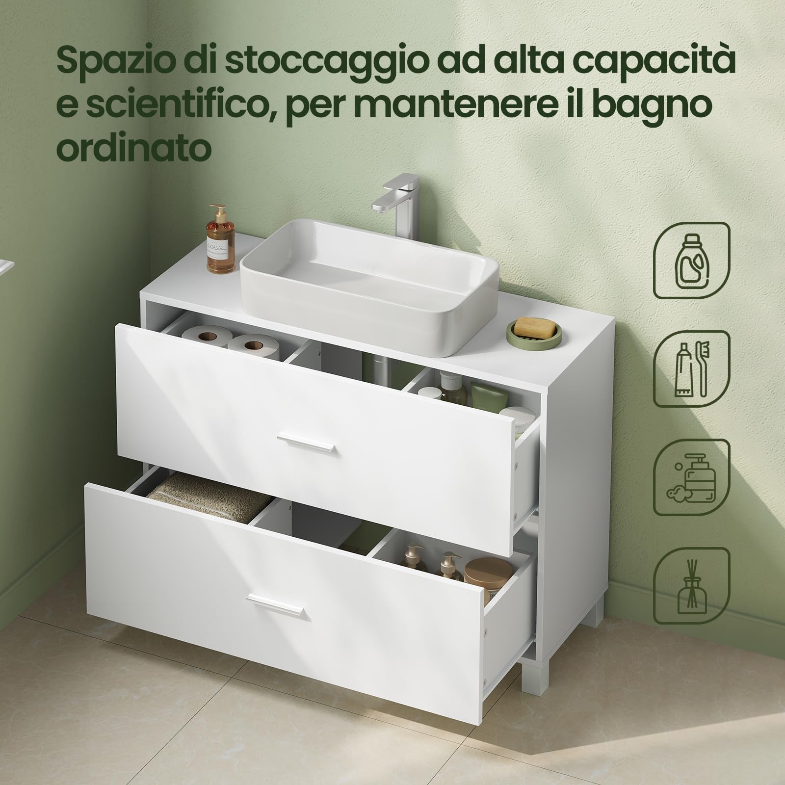 EUGAD Mobile Sottolavabo per Bagno con 2 Cassetti, Mobiletto Bagno Moderno da Terra 80x30x60 cm, con Foro per Sifone 20x22 cm, per Lavabo con Colonna, in Legno e Metallo, Bianco
