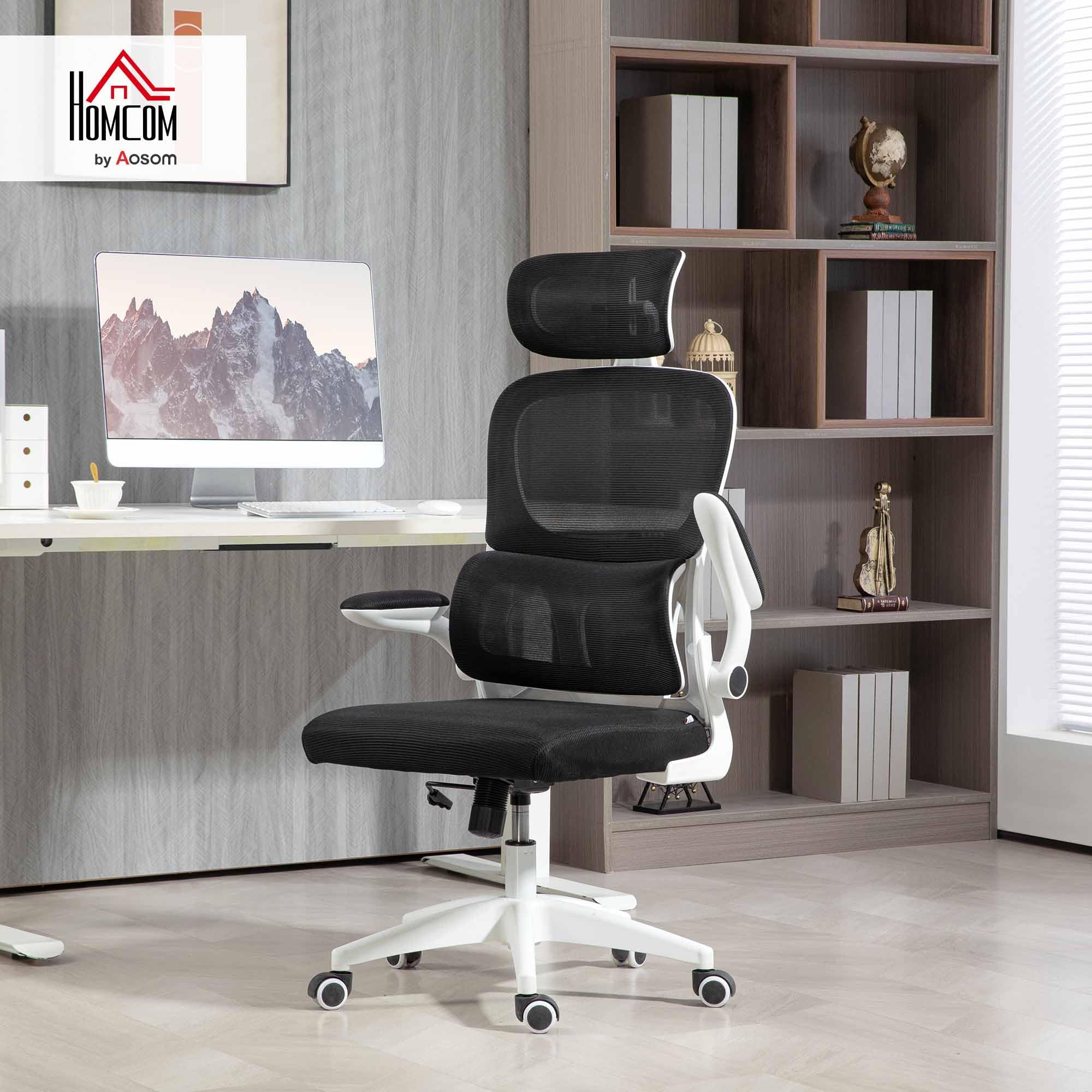 HOMCOM Sedia da Ufficio Ergonomica, Braccioli Ribaltabili, Girevole, Nero