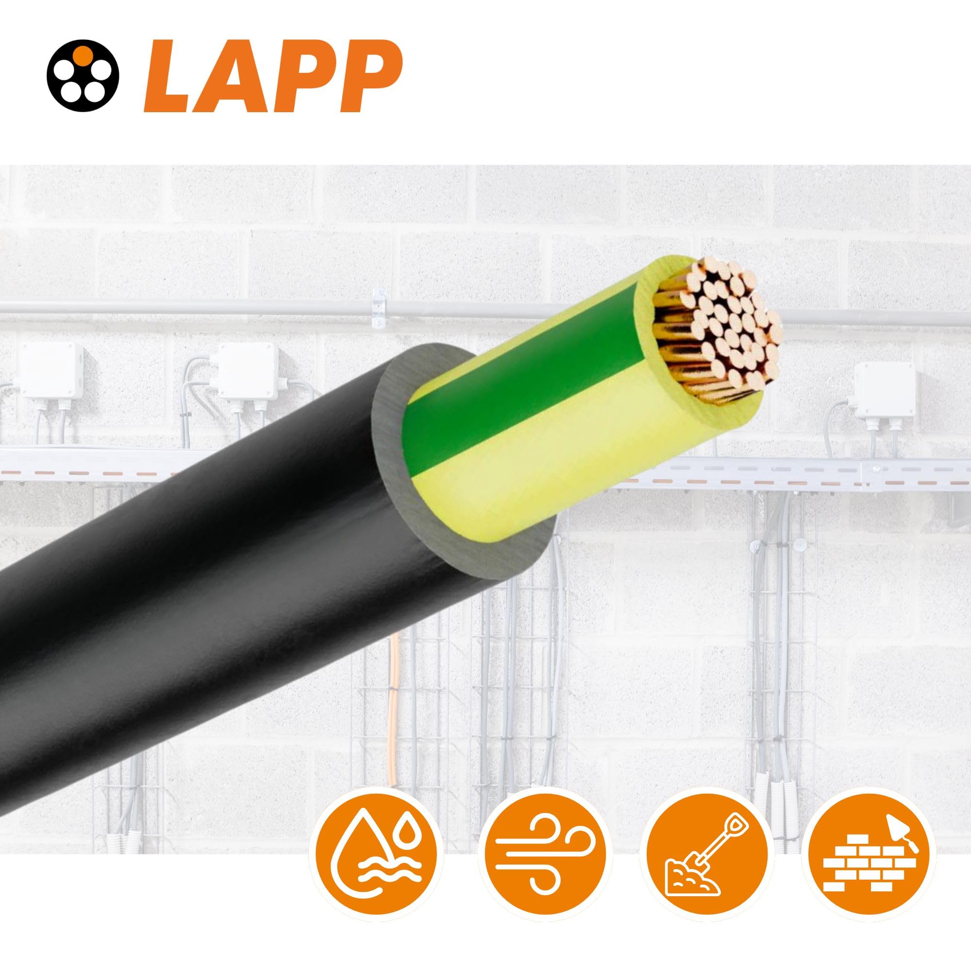 Lapp 10m Cavo di Rete NYY-J 5x2,5 mm2 RE - Cavo di Messa a Terra Nero | Cavo di alimentazione ignifugo e resistente ai raggi UV, ideale per posa fissa in terra, acqua, interno ed esterno.