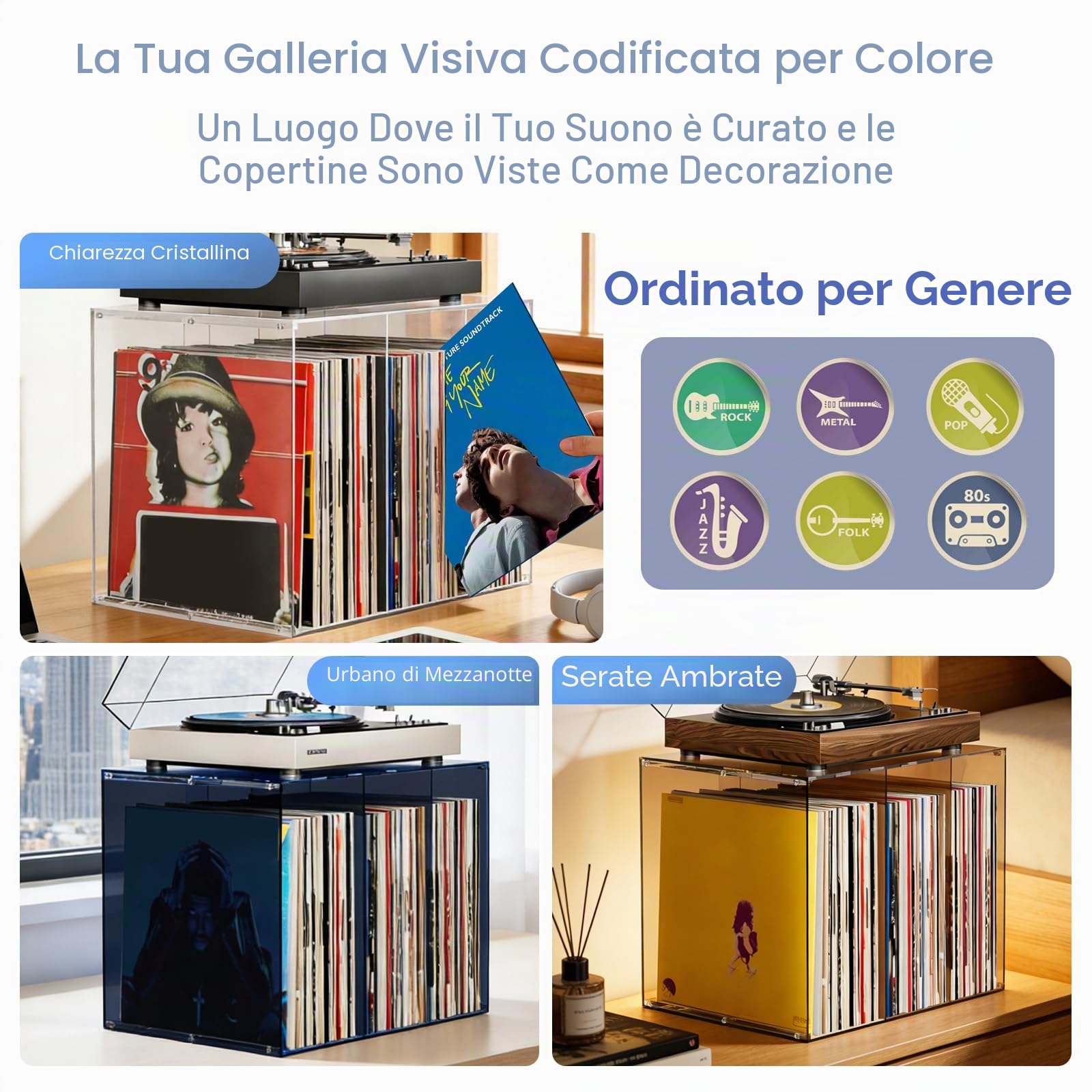Bikoney Porta Dischi Vinile, Supporto in Acrilico Trasparente Impilabile, Contenitore per Oltre 50 Album, Espositore da Tavolo per LP da 12" e Singoli da 7", Cristallino