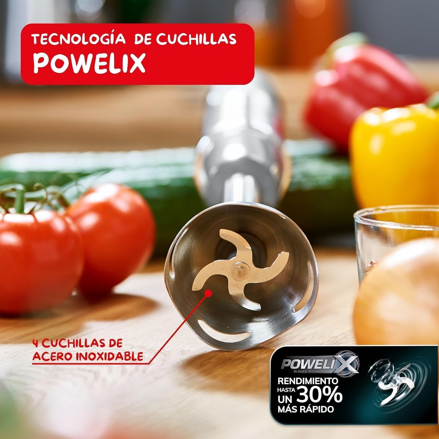 Moulinex QuickChef, Batidora de Mano de 1000 W, 10 velocidades con vaso medidor, protección antisalpicaduras, mango antideslizante, alta potencia y velocidades regulables DD65AD