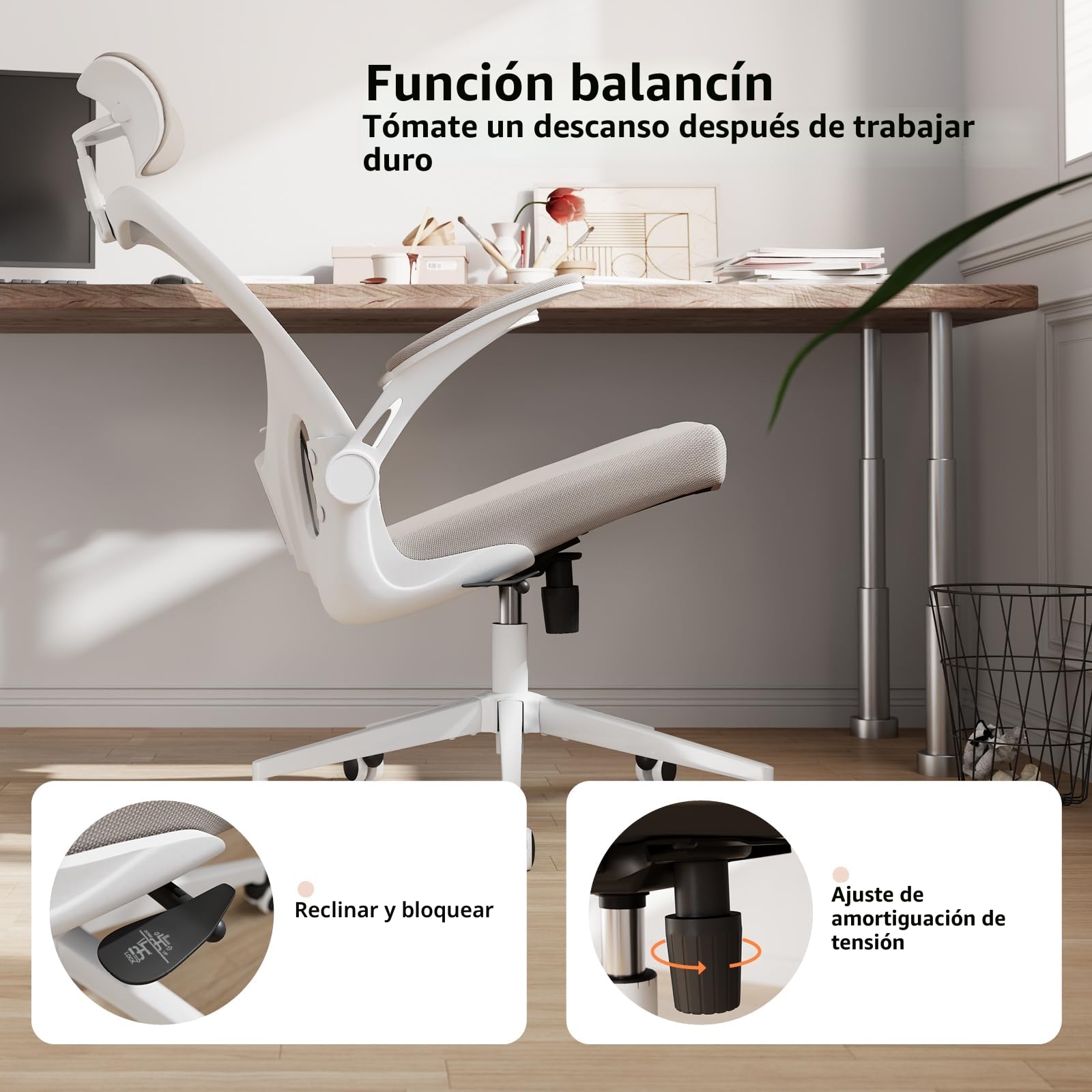 Silla de Oficina Ergonómica,de Escritorio con Respaldo Alto y Malla, Brazos Abatibles, Soporte Lumbar y Reposacabezas Ajustables, Silla Giratoria para Oficina en Casa, Dormitorio o Estudio